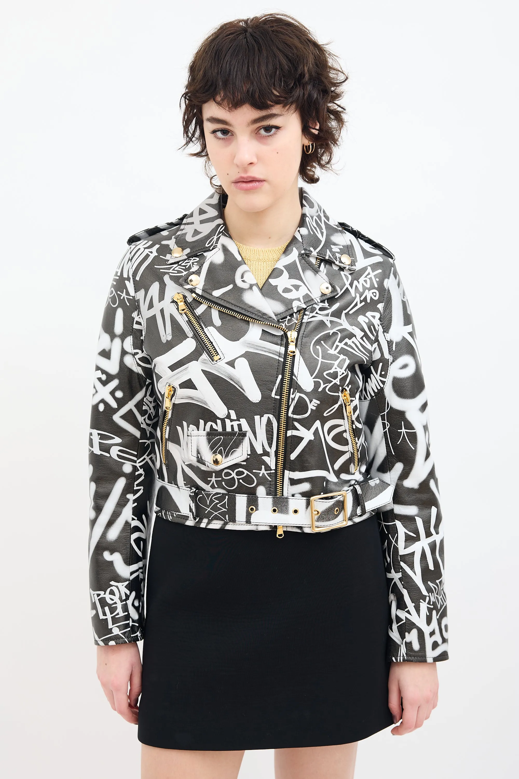 Couture Black & White Leather Graffiti Biker Jacket