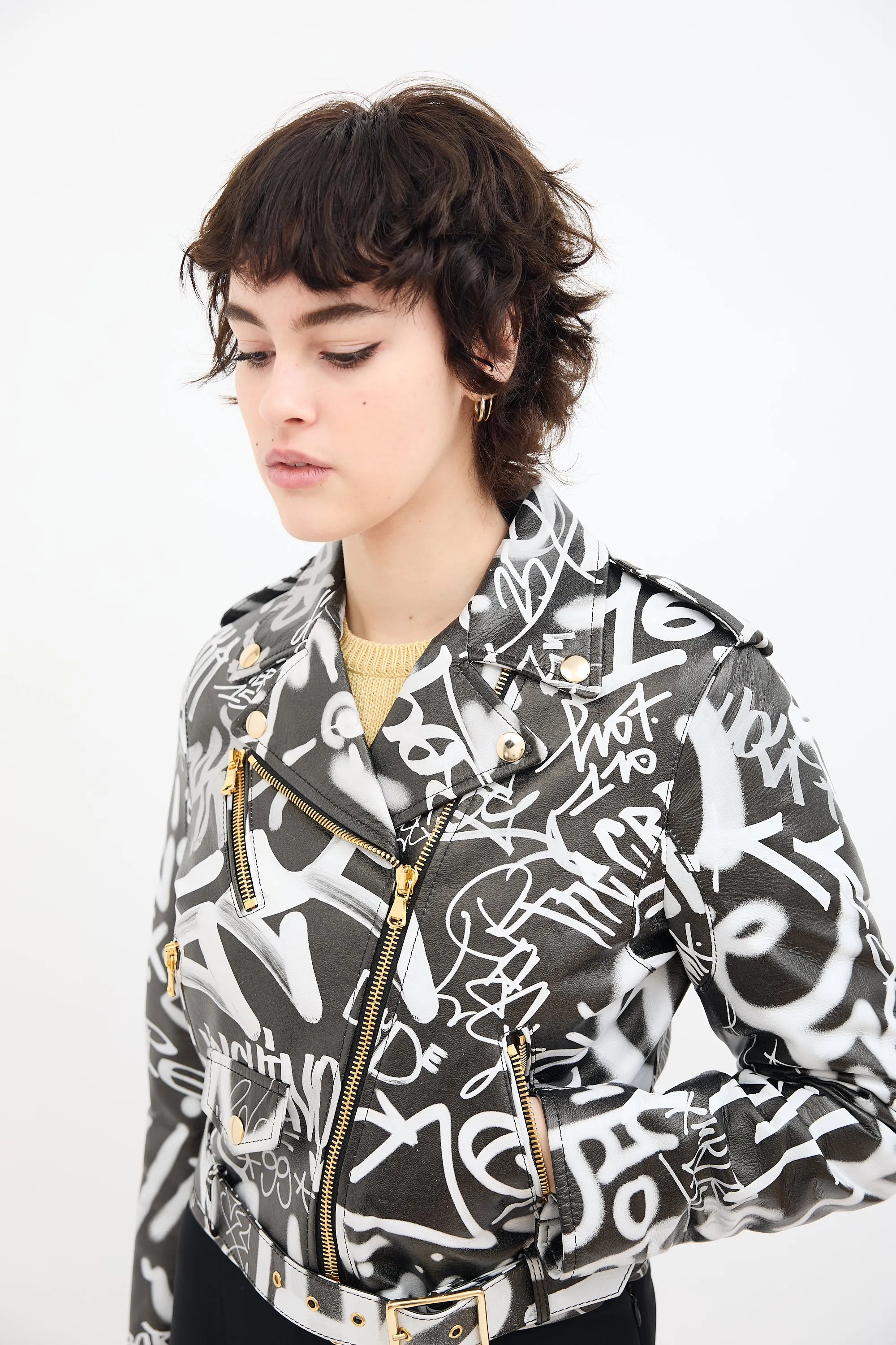 Couture Black & White Leather Graffiti Biker Jacket
