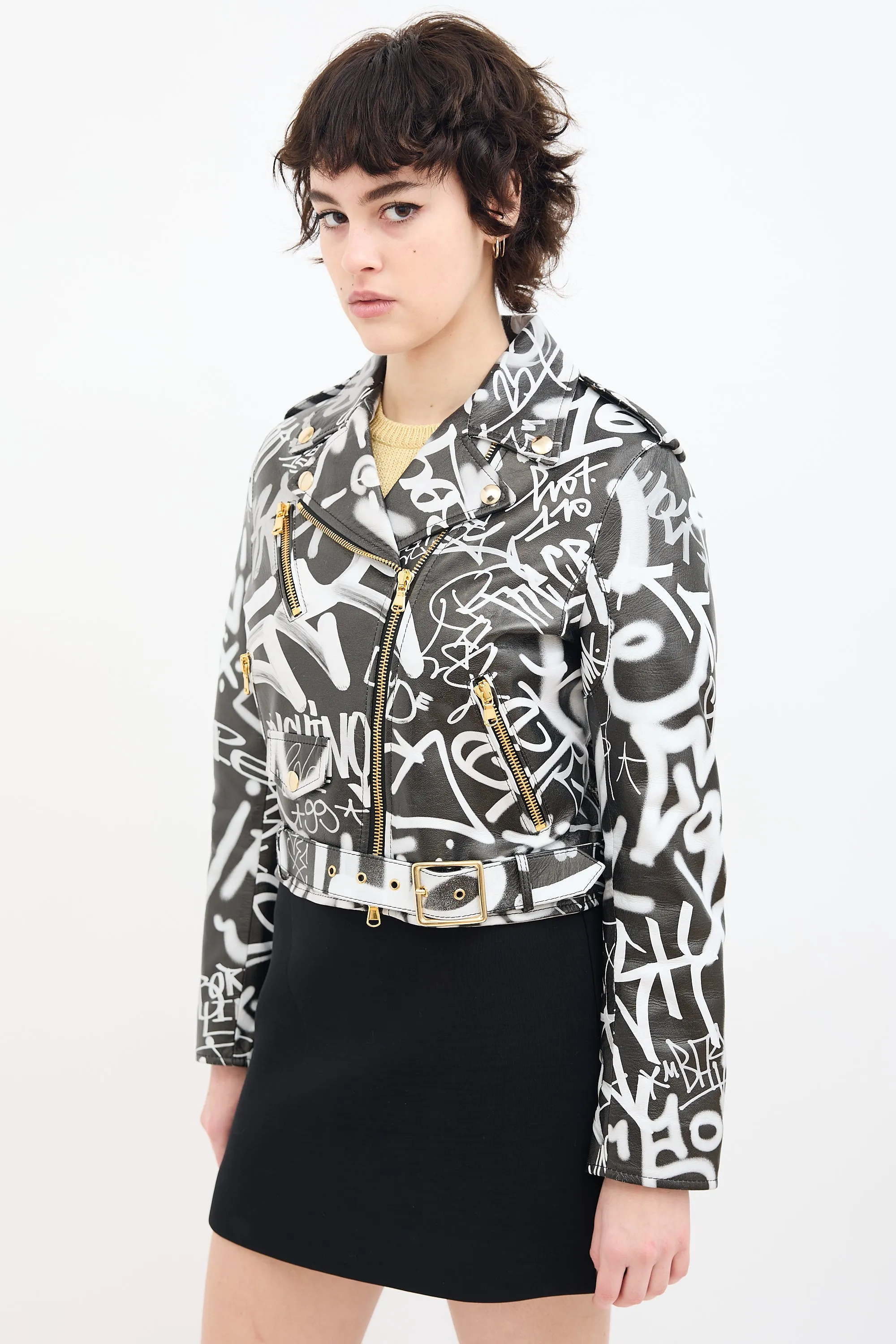 Couture Black & White Leather Graffiti Biker Jacket