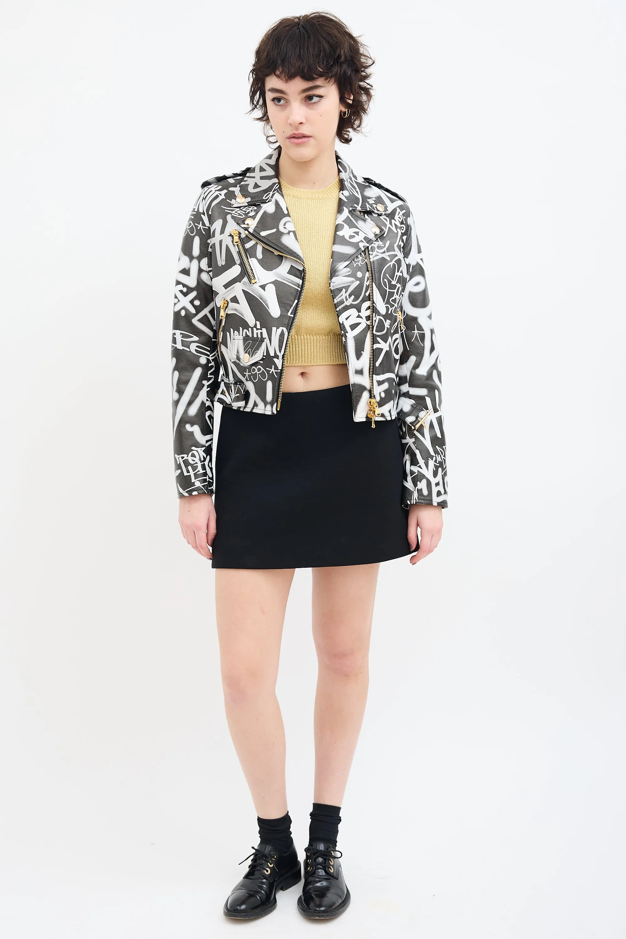 Couture Black & White Leather Graffiti Biker Jacket