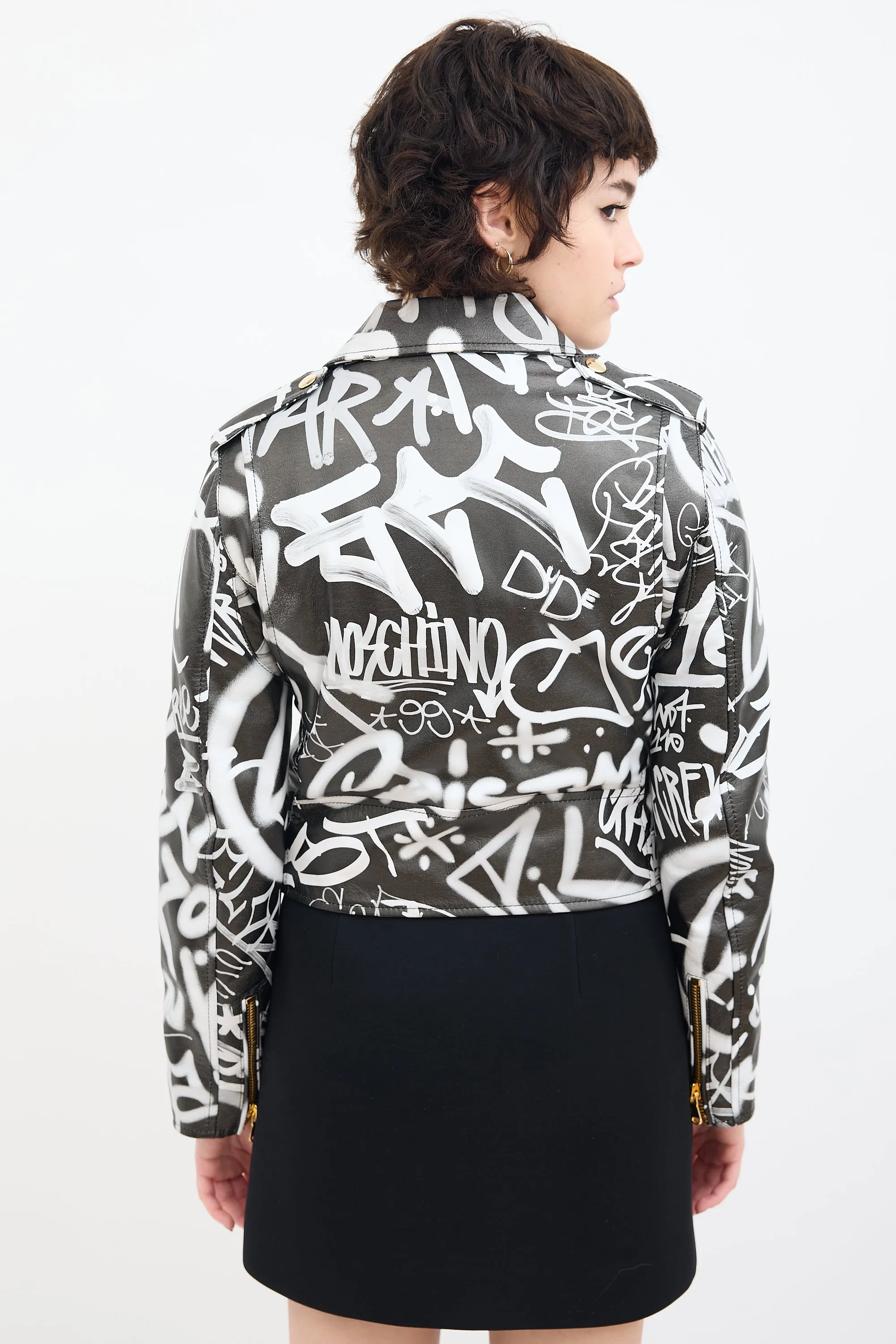 Couture Black & White Leather Graffiti Biker Jacket