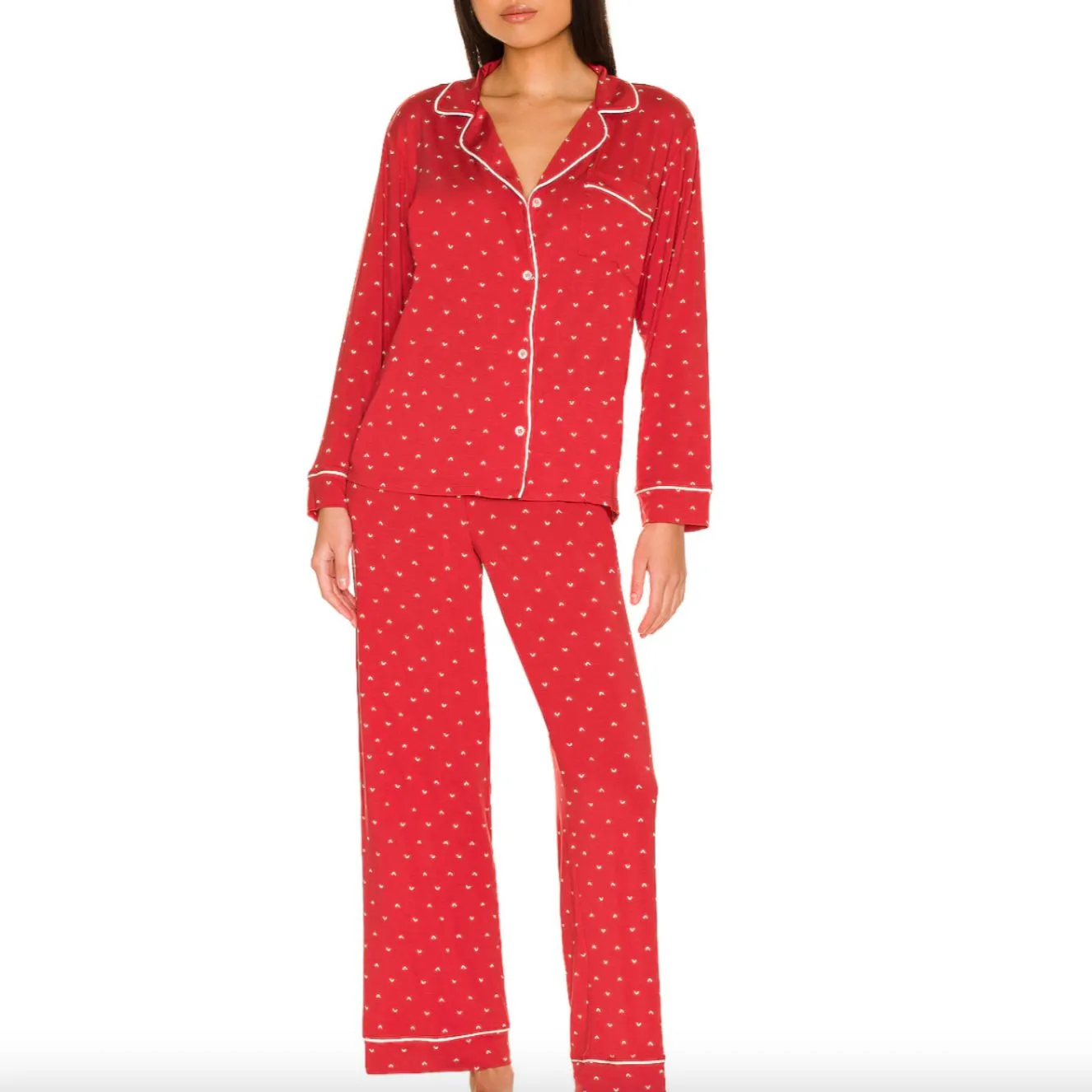 Eberjey Gisele Printed Long PJ Set PJ1141 in Red/Bone Hearts