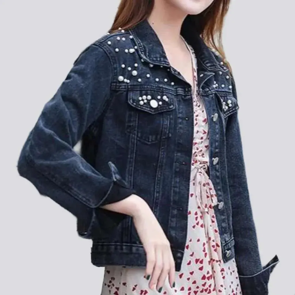 Embellished shoulders women's denim jacket