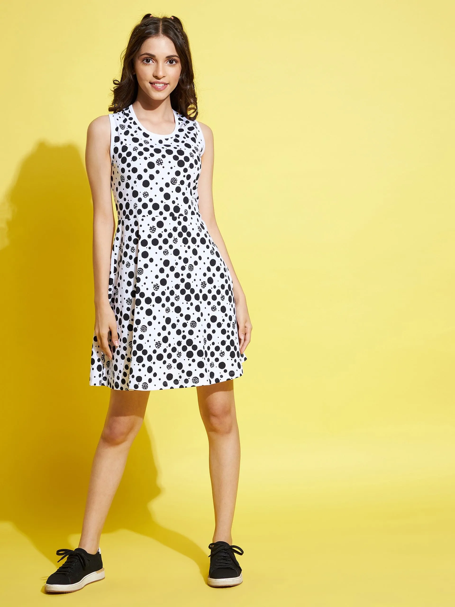 Girls Black Polka Print A-Line Sleeveless Dress - Lyush Kids