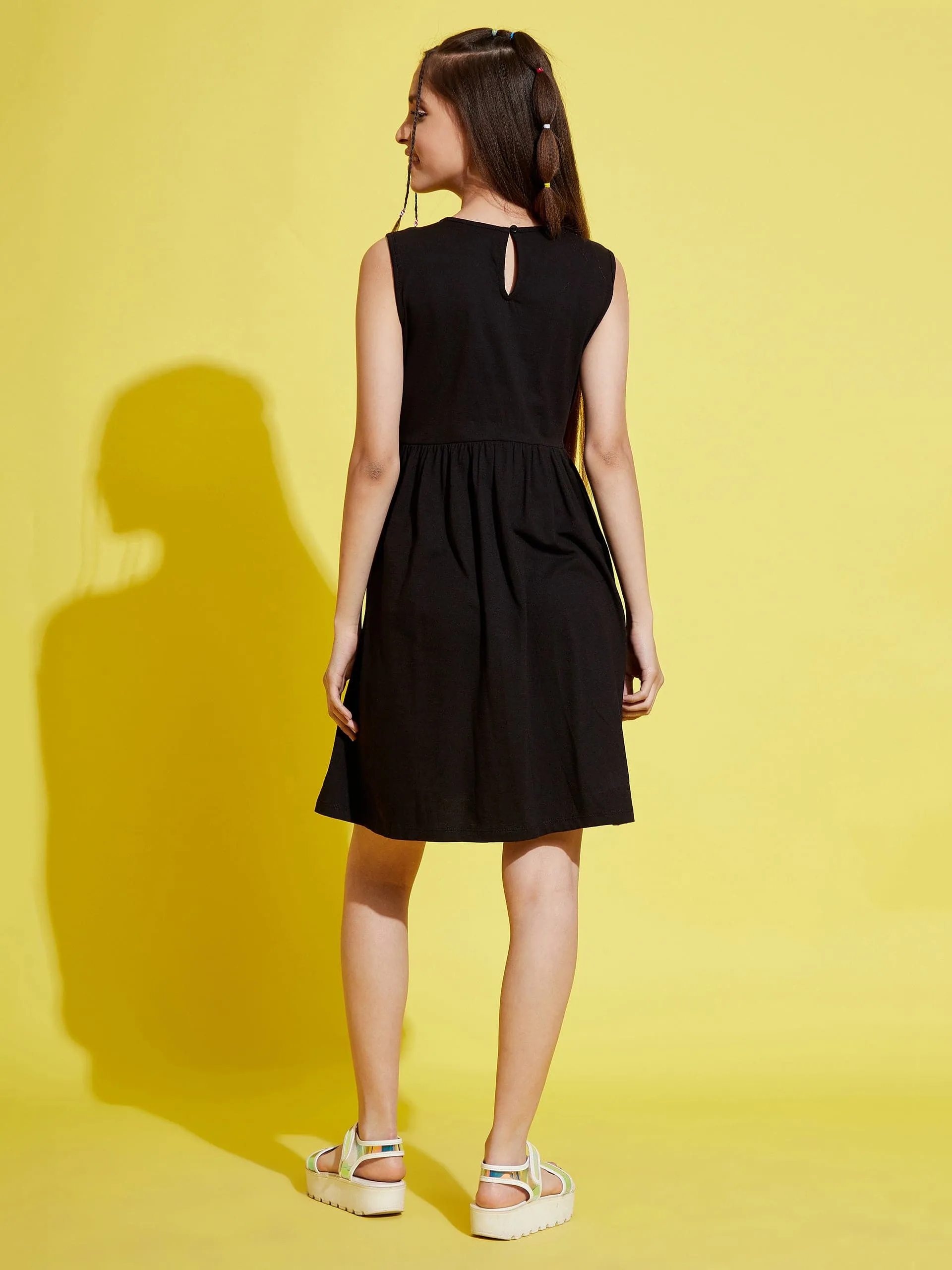Girls Black Schiffli Gathered Dress - Lyush Kids