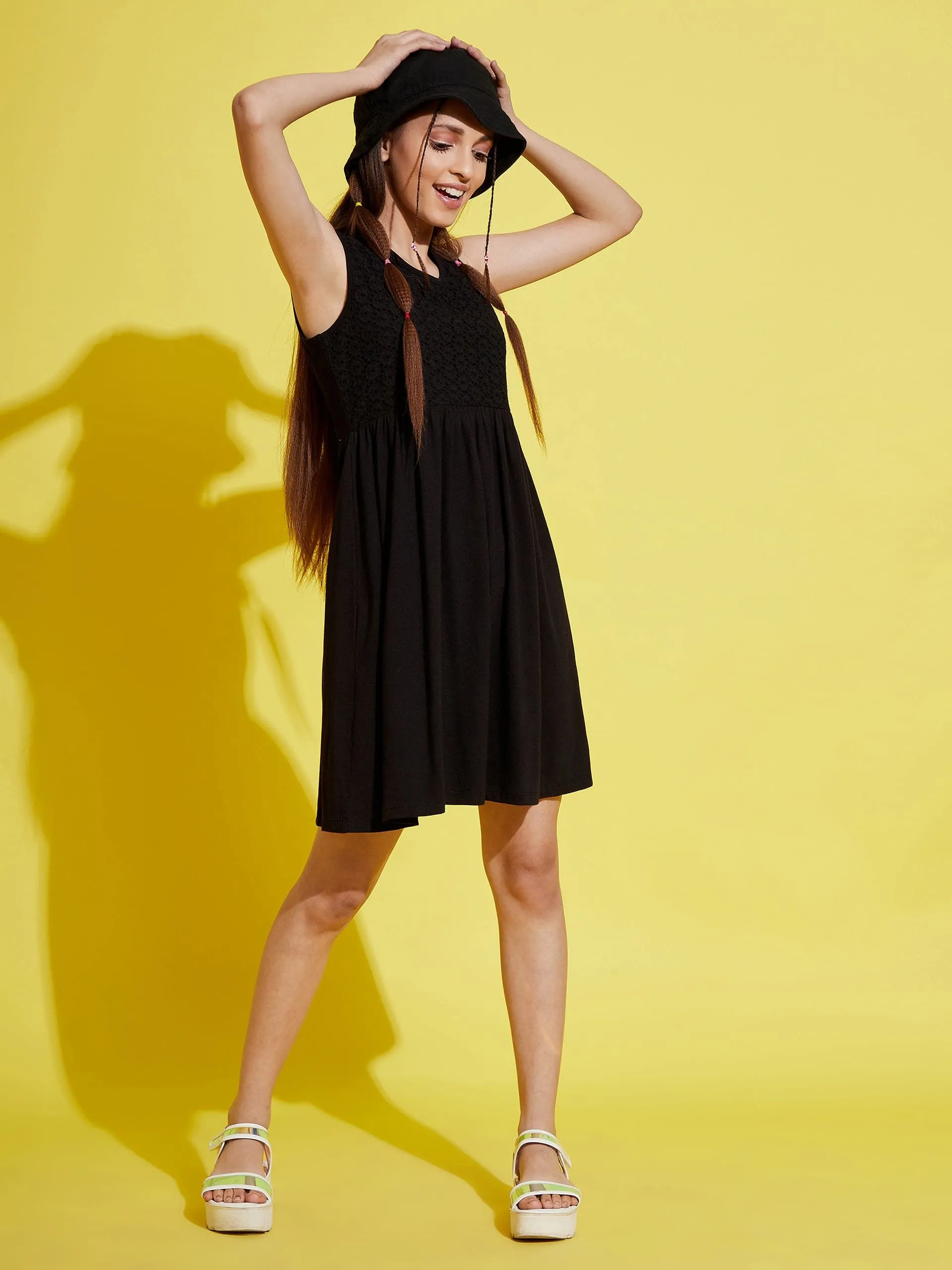 Girls Black Schiffli Gathered Dress - Lyush Kids
