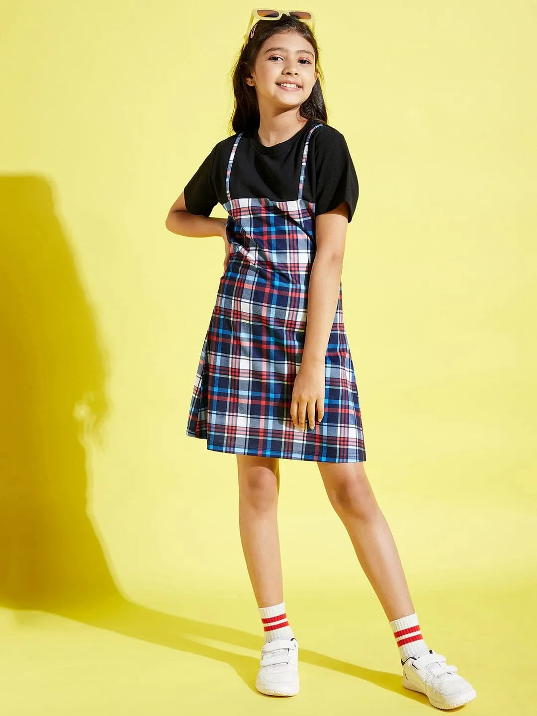 Girls Blue & Red Check Print A-Line Dress - Lyush Kids