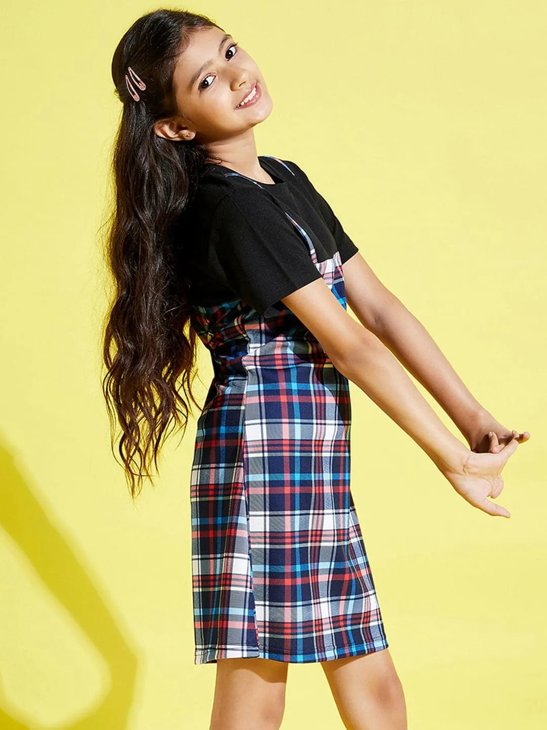 Girls Blue & Red Check Print A-Line Dress - Lyush Kids