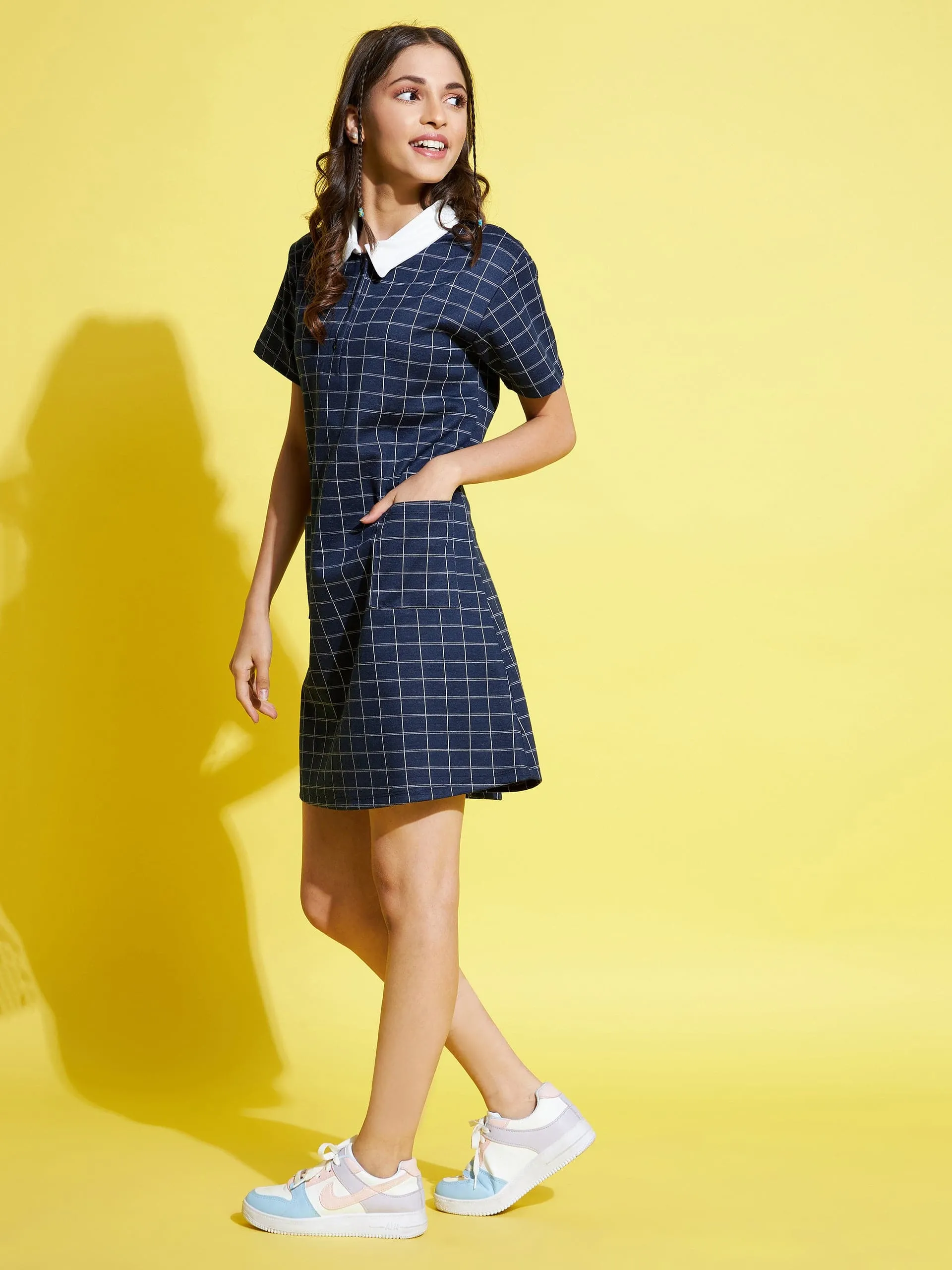 Girls Blue Check Polo Neck Dress - Lyush Kids