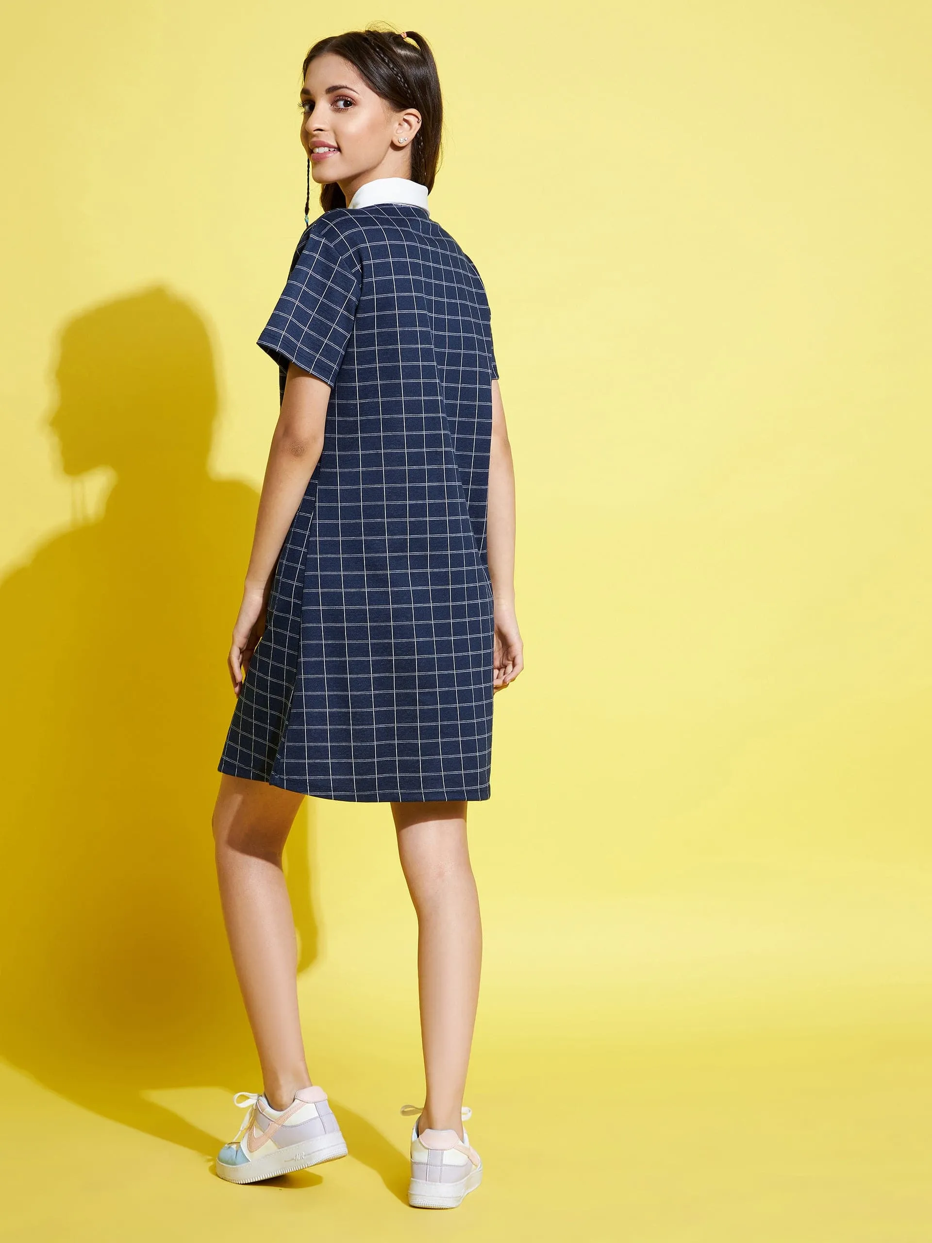 Girls Blue Check Polo Neck Dress - Lyush Kids
