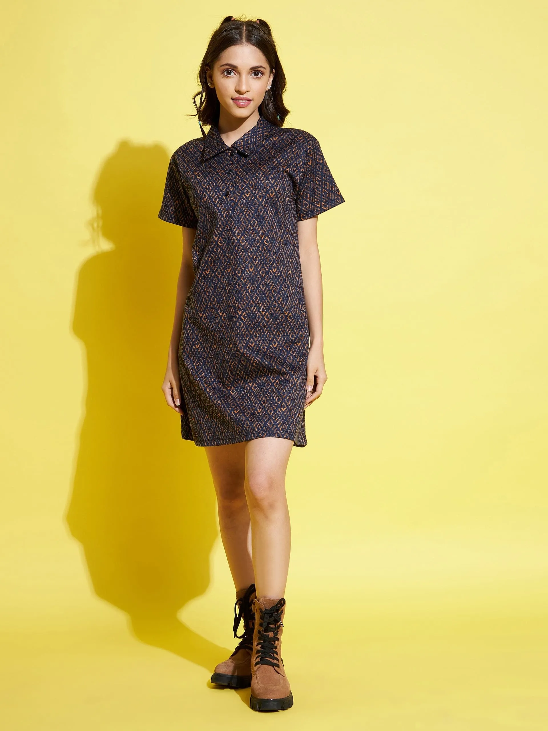 Girls Mustard & Blue Geometric Polo Neck Dress - Lyush Kids