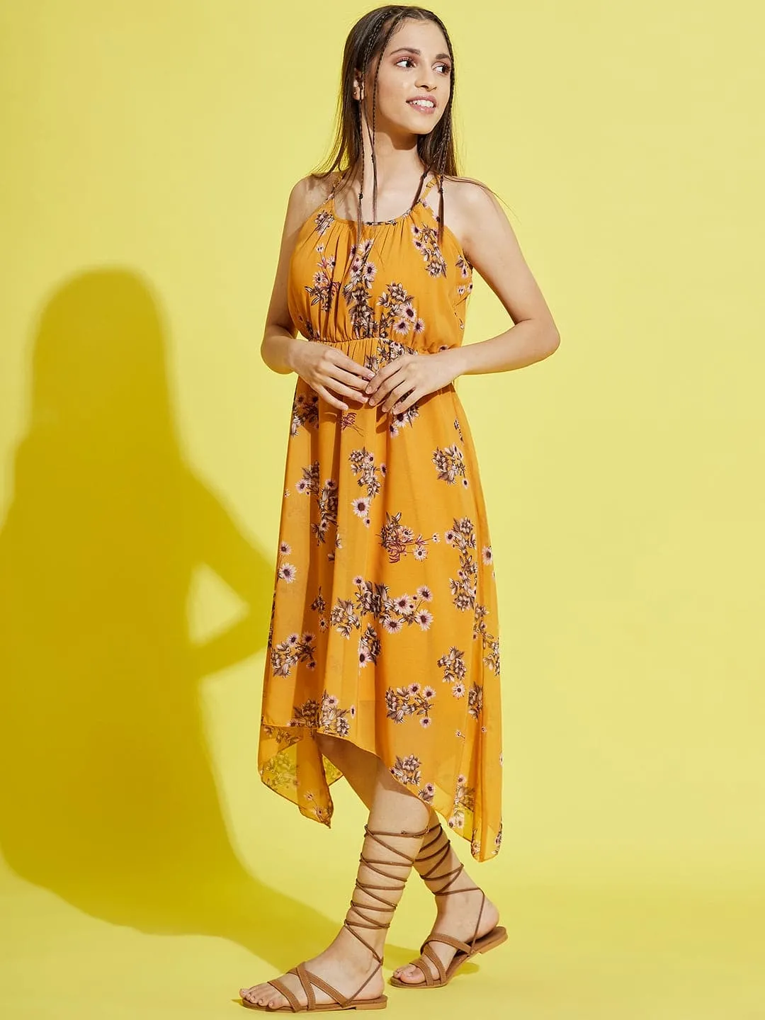 Girls Mustard Floral Strappy Dress - Lyush Kids