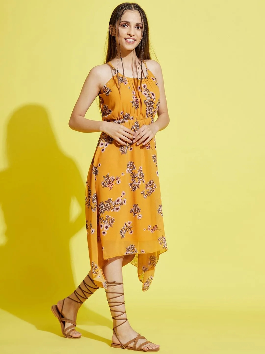 Girls Mustard Floral Strappy Dress - Lyush Kids