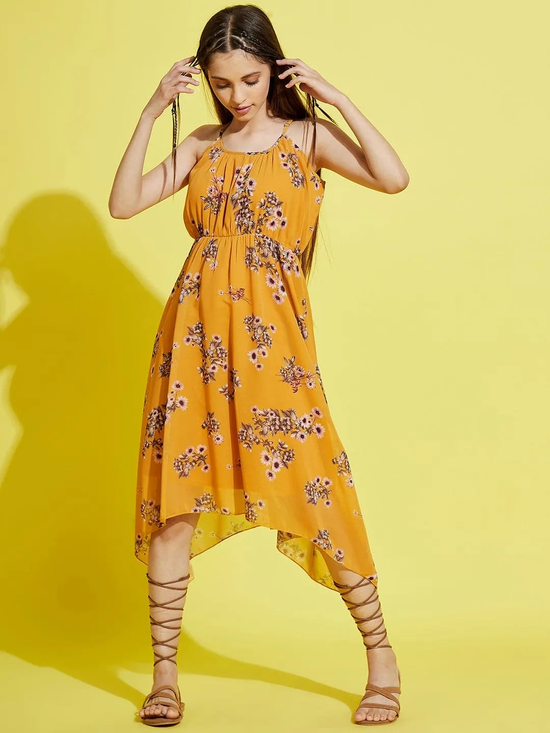Girls Mustard Floral Strappy Dress - Lyush Kids