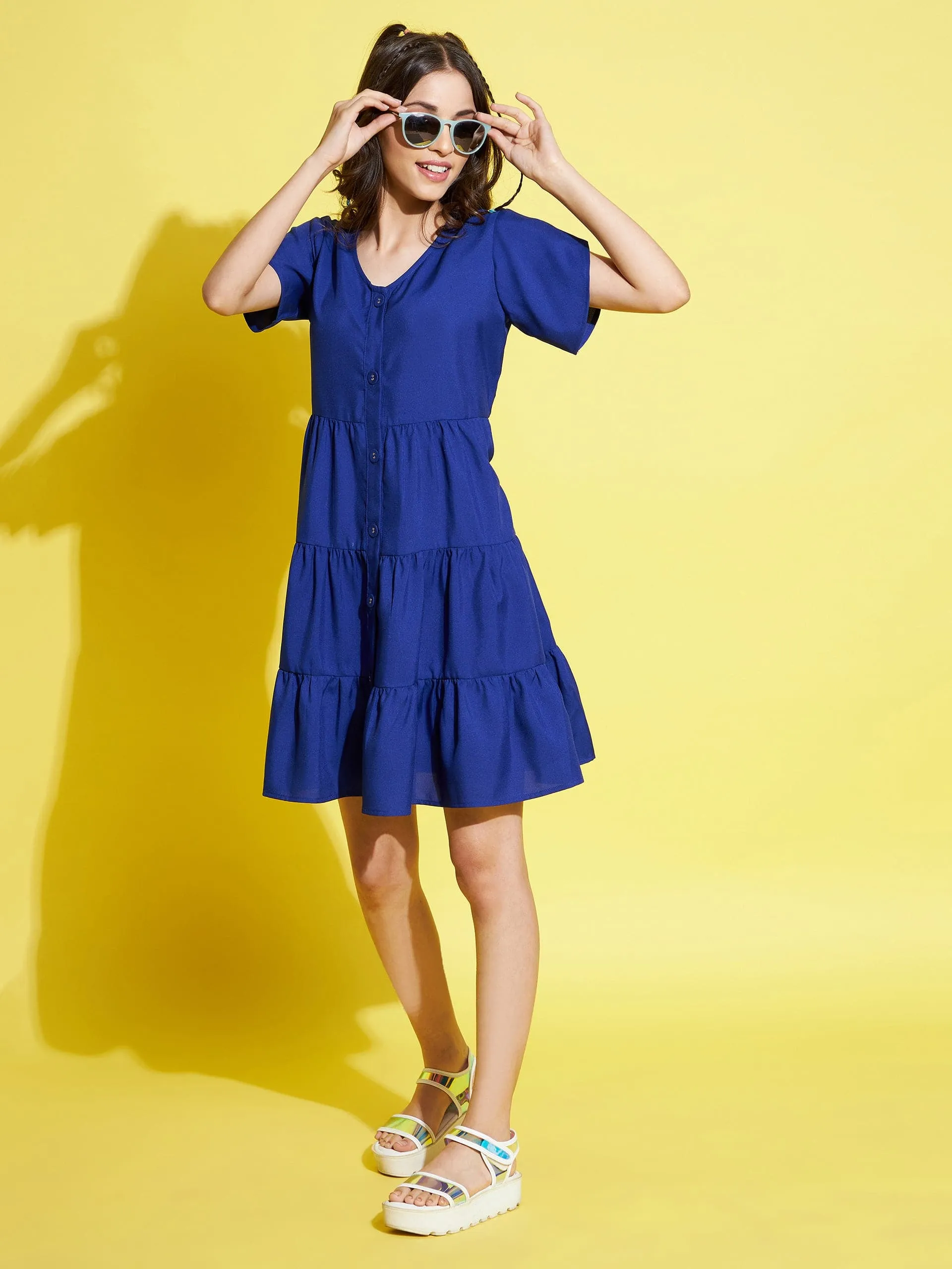 Girls Royal Blue Front Button Tiered Dress - Lyush Kids