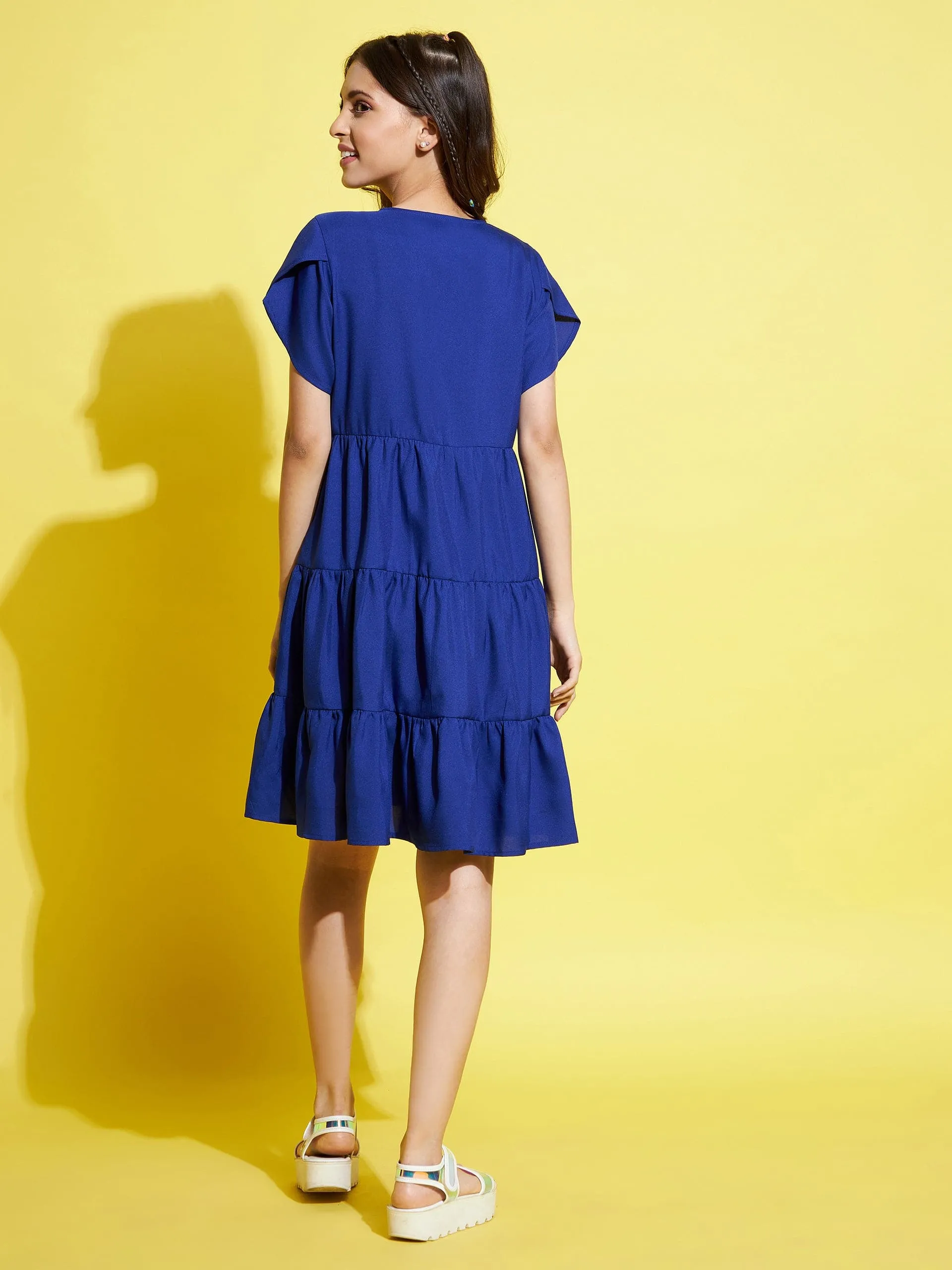 Girls Royal Blue Front Button Tiered Dress - Lyush Kids