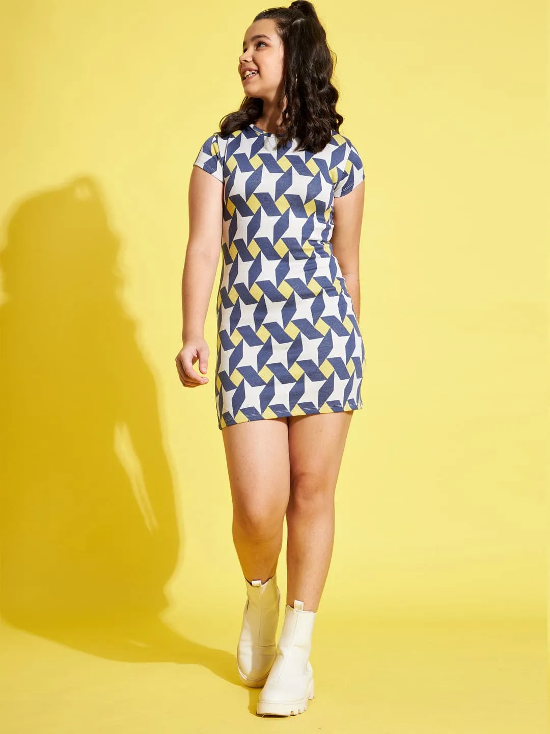 Girls White & Navy Geometric Jersey Dress - Lyush Kids
