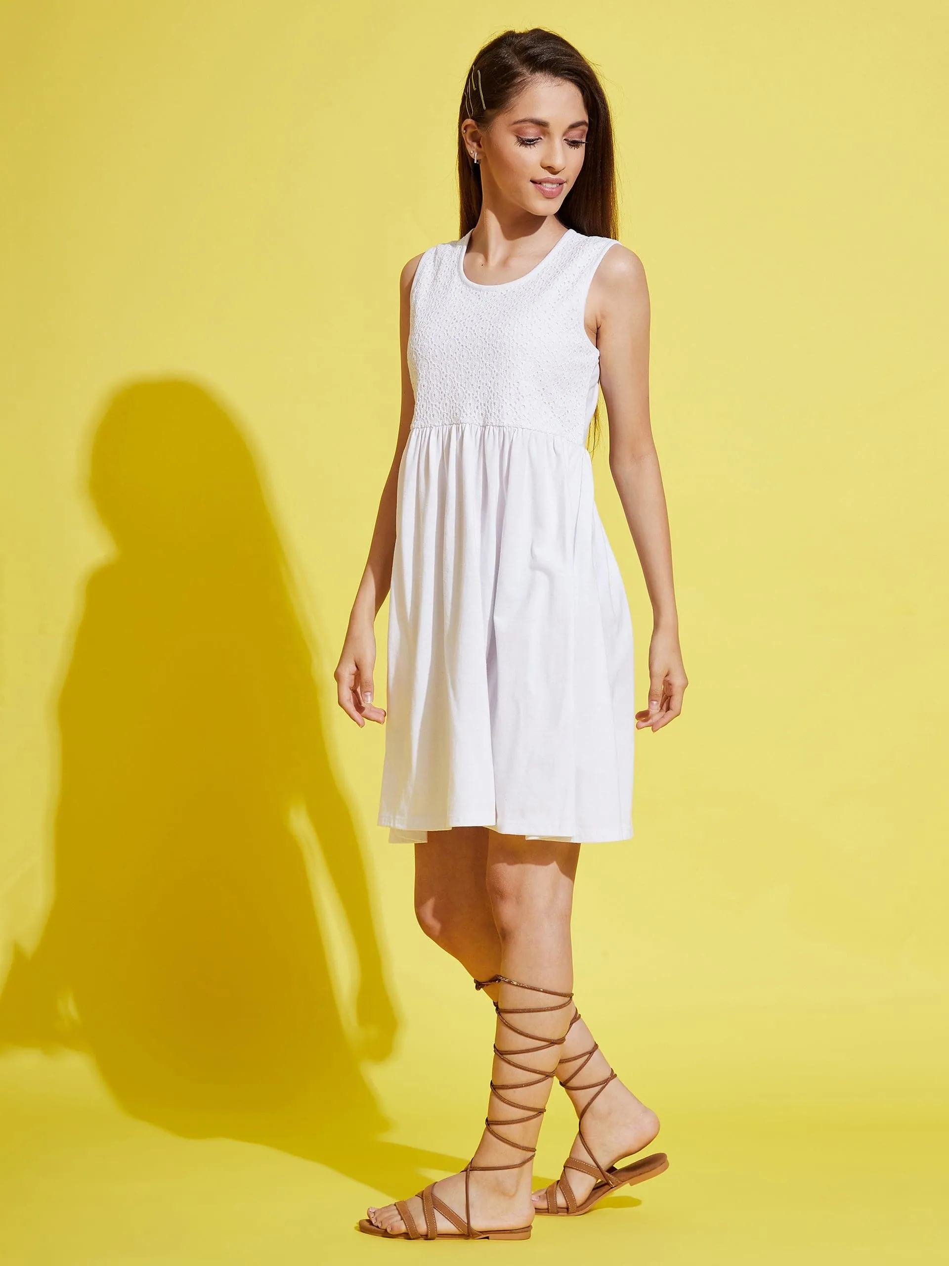 Girls White Schiffli Gathered Dress - Lyush Kids