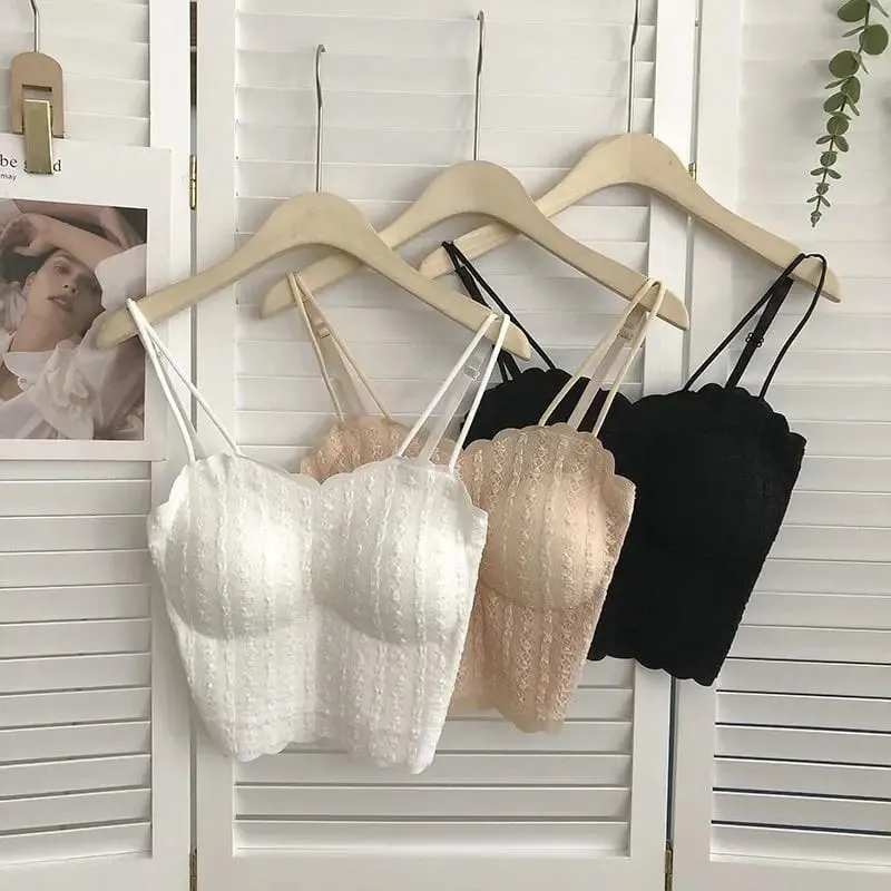 Ice Silk Camisole Padded Wave Neck Lace Traceless with Thin shoulder Strap
