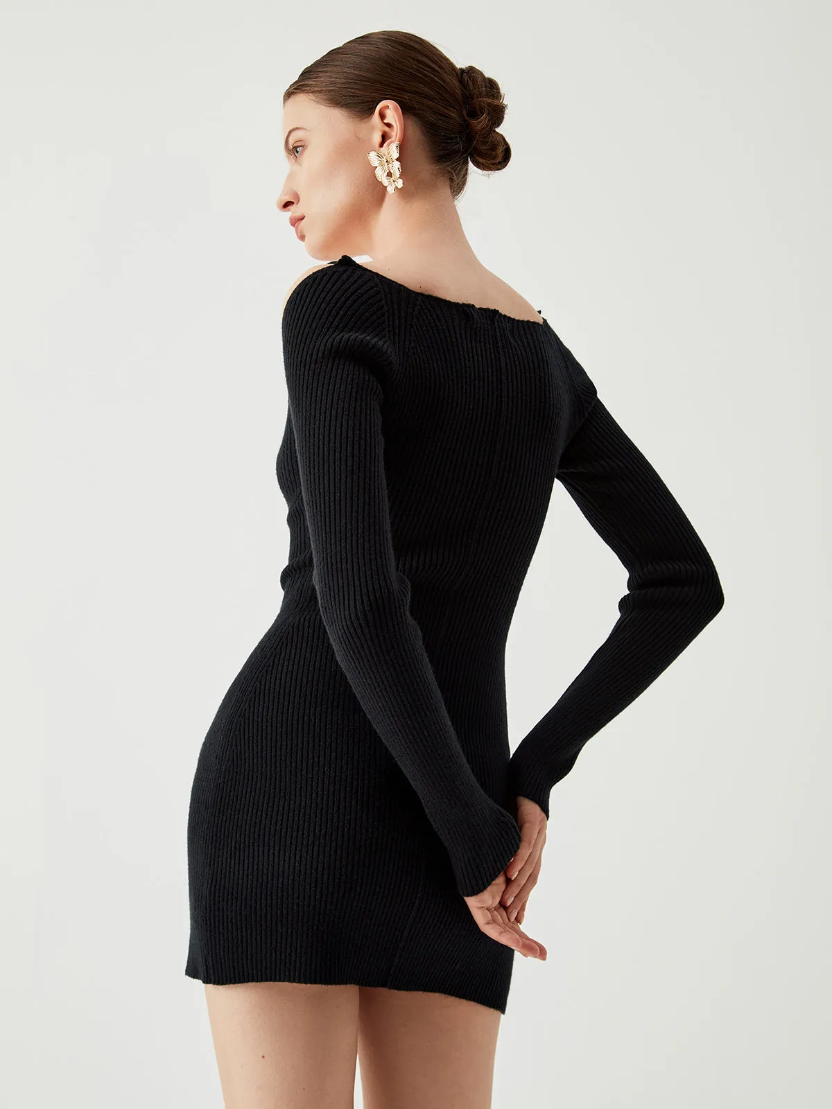 Knit Tied Cutout Long Modern Sleeve Short Sweater Dress