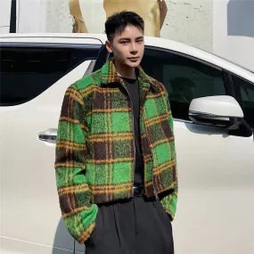 men's autumn winter Woolen Plaid short jacket vintage fashion Lapel zipped coat long sleeve colorblocked clothing