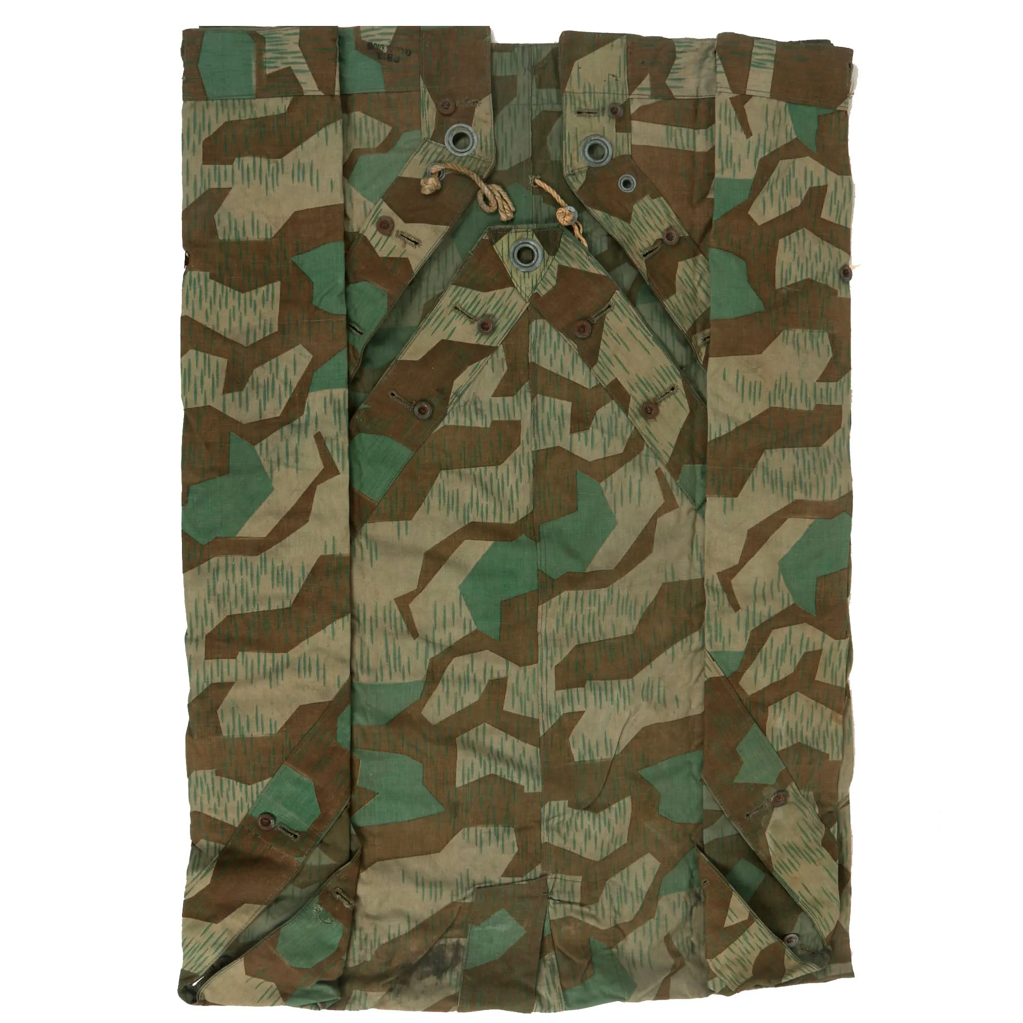 Original German WWII Zeltbahn Tent Quarter & Poncho in Splinter Camouflage with RBNr. Markings & (2) Carry Straps