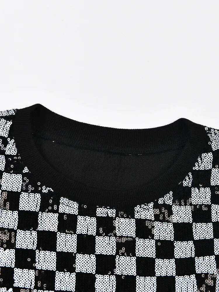Pre Order:  Checkerboard Sequined Round Neck Sweatshirt