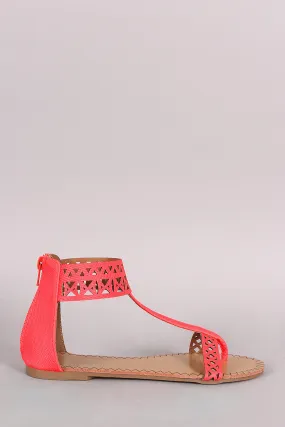 Qupid Snake Perforated T-Strap Thong Flat Sandal