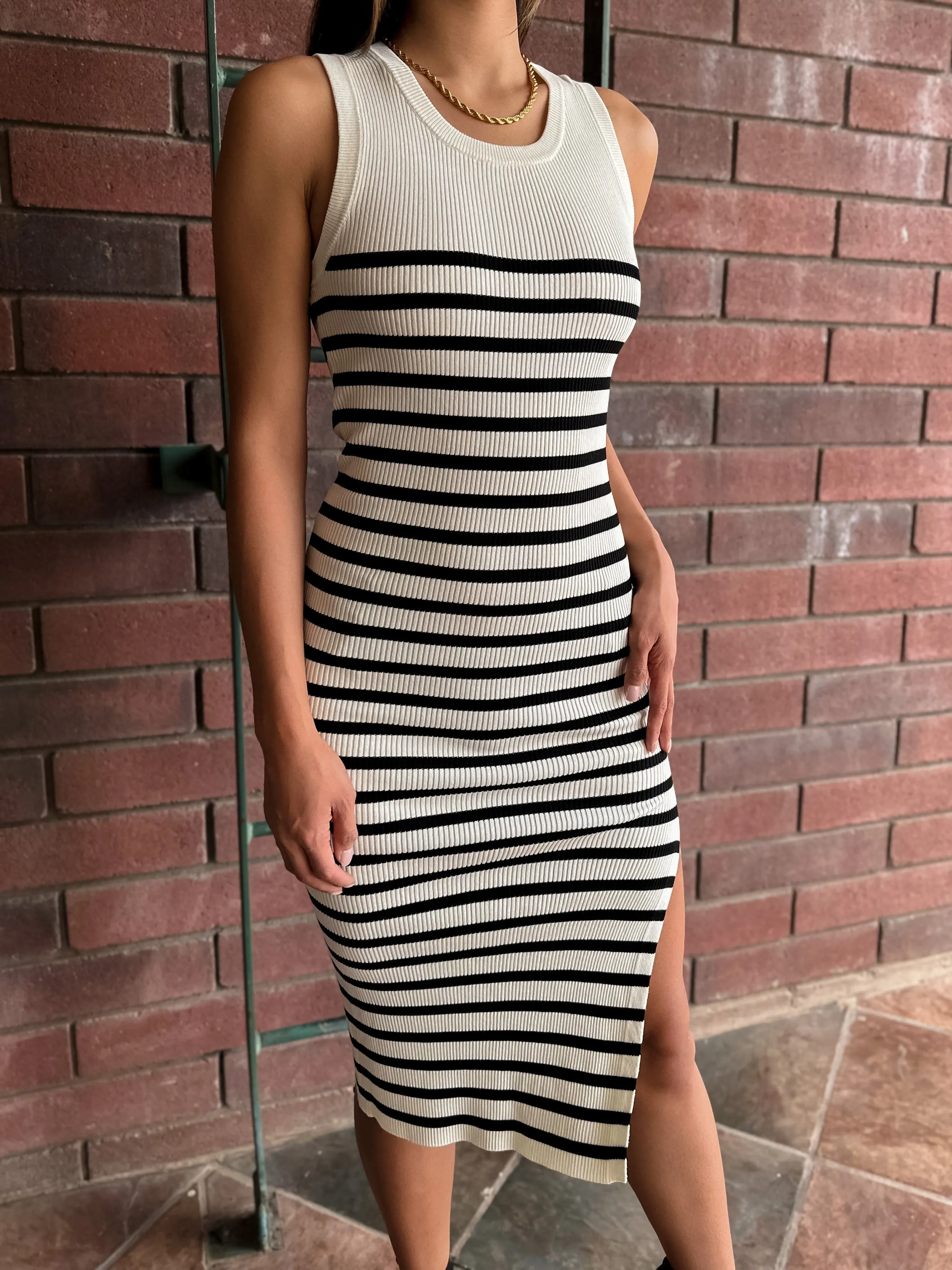 Ribbed Knit Midi Dress - Cream & Black