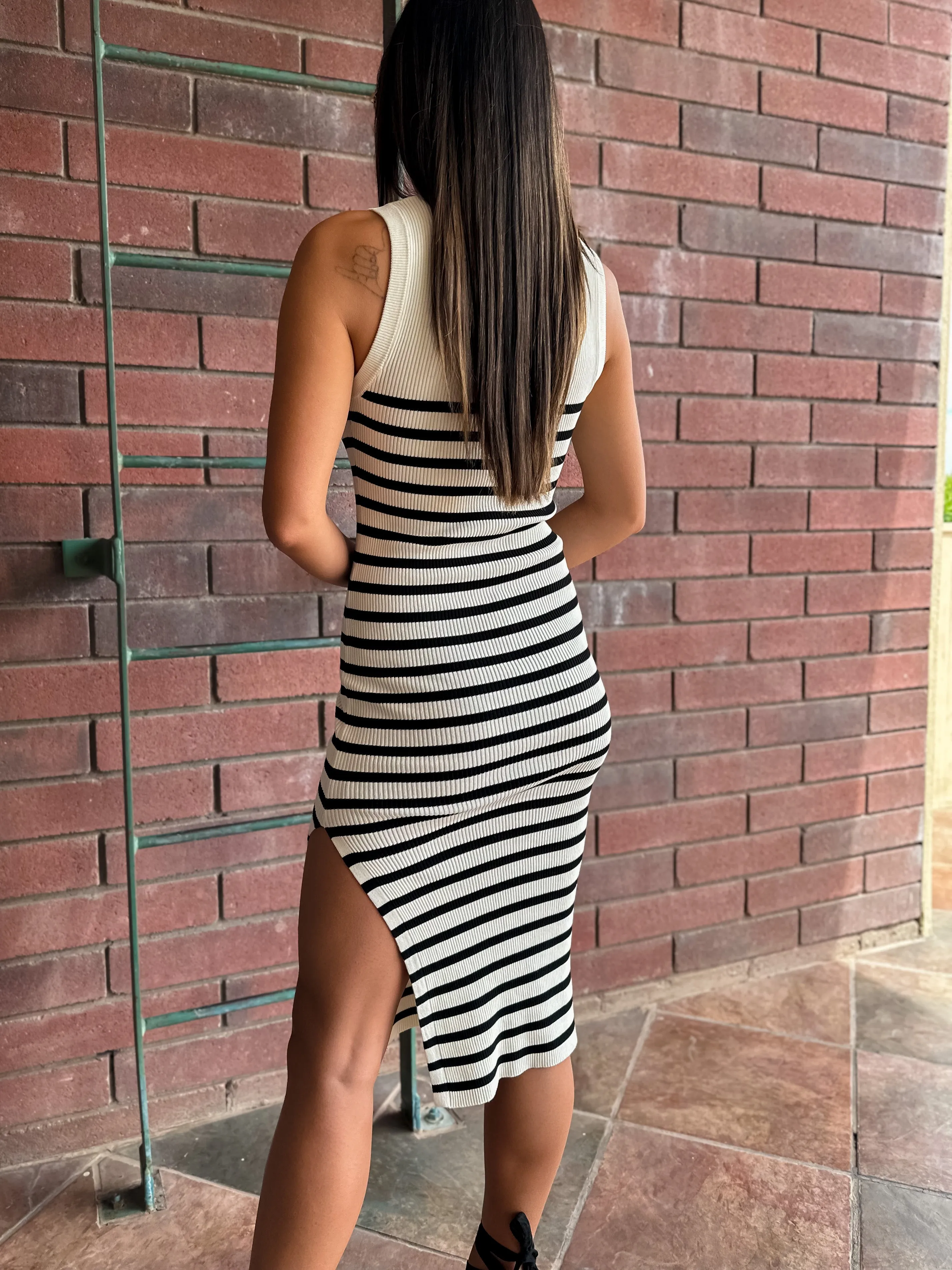 Ribbed Knit Midi Dress - Cream & Black