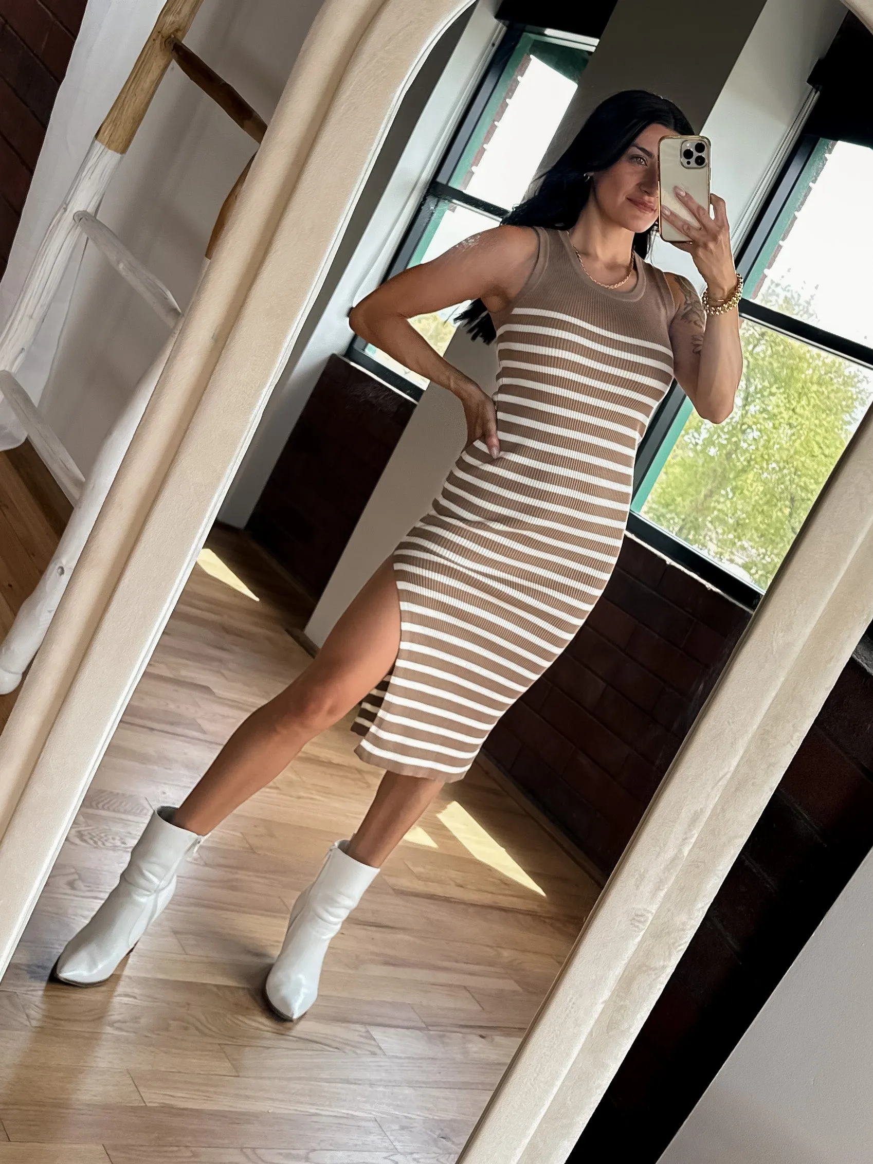 Ribbed Knit Midi Dress - Taupe & Cream