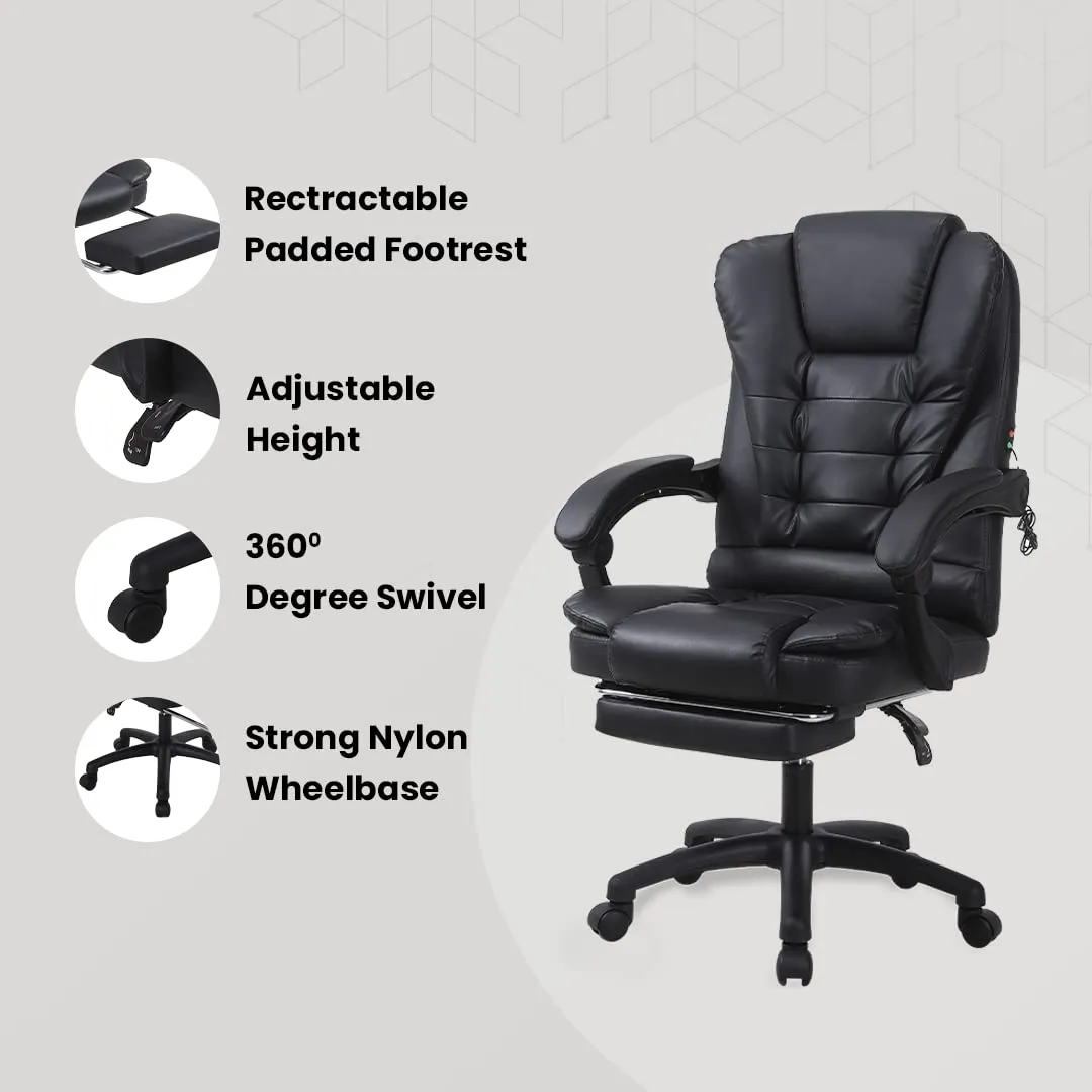 SAVYA HOME Virtue Leatherette Boss Chair with Linkage Armrest,2 Point Massage Function, Home & Office Chair| 135°recliner chair, Wide footrest, Study chair, Chair for study table,Black