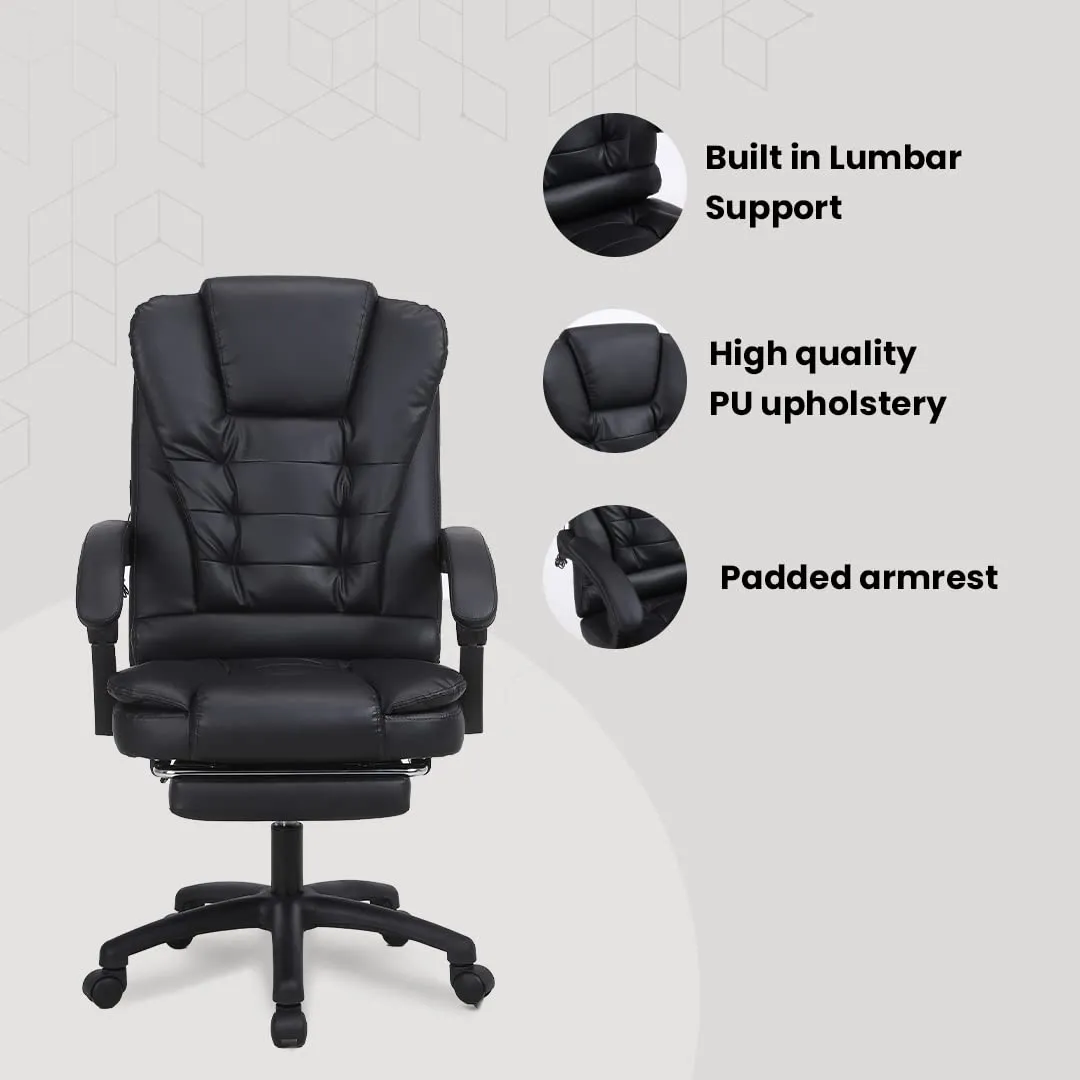 SAVYA HOME Virtue Leatherette Boss Chair with Linkage Armrest,2 Point Massage Function, Home & Office Chair| 135°recliner chair, Wide footrest, Study chair, Chair for study table,Black