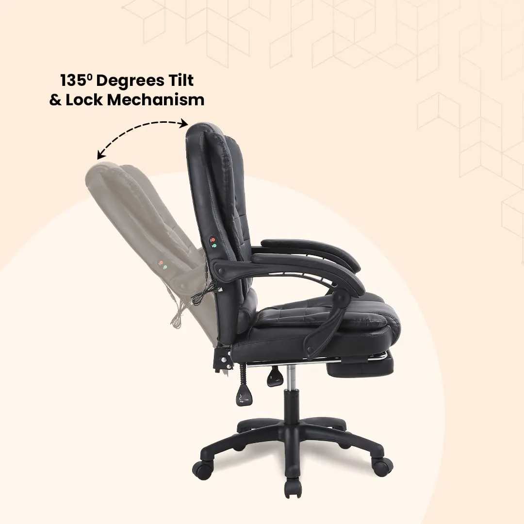 SAVYA HOME Virtue Leatherette Boss Chair with Linkage Armrest,2 Point Massage Function, Home & Office Chair| 135°recliner chair, Wide footrest, Study chair, Chair for study table,Black