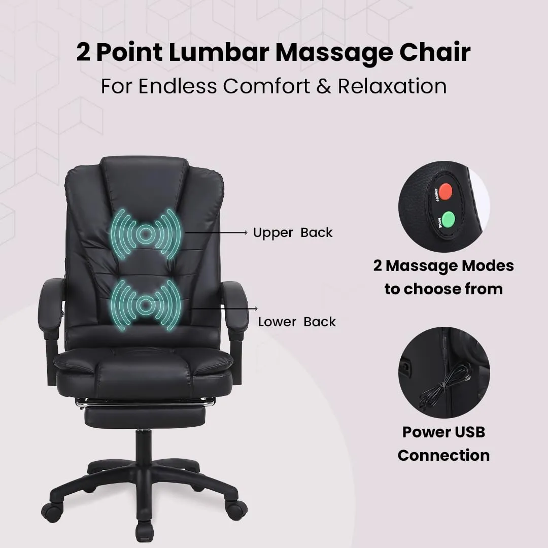 SAVYA HOME Virtue Leatherette Boss Chair with Linkage Armrest,2 Point Massage Function, Home & Office Chair| 135°recliner chair, Wide footrest, Study chair, Chair for study table,Black