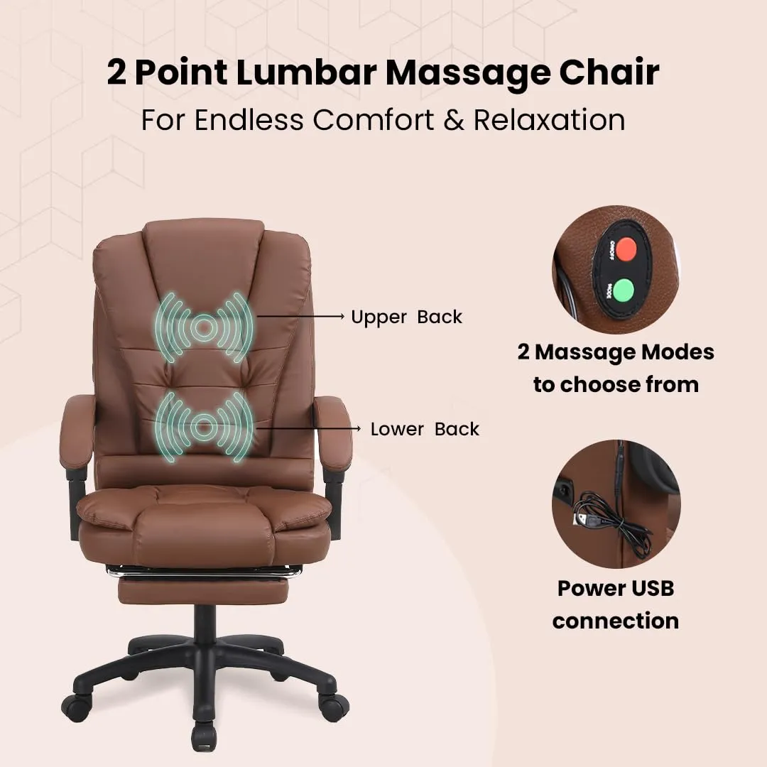 SAVYA HOME Virtue Leatherette Boss Chair with Linkage Armrest,2 Point Massage Function, Home & Office Chair| 135°Recliner Chair, Wide footrest, Study Chair, Chair for Study Table,Brown