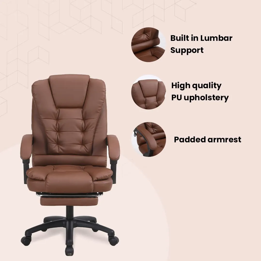 SAVYA HOME Virtue Leatherette Boss Chair with Linkage Armrest,2 Point Massage Function, Home & Office Chair| 135°Recliner Chair, Wide footrest, Study Chair, Chair for Study Table,Brown