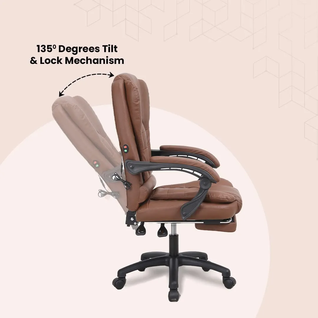 SAVYA HOME Virtue Leatherette Boss Chair with Linkage Armrest,2 Point Massage Function, Home & Office Chair| 135°Recliner Chair, Wide footrest, Study Chair, Chair for Study Table,Brown