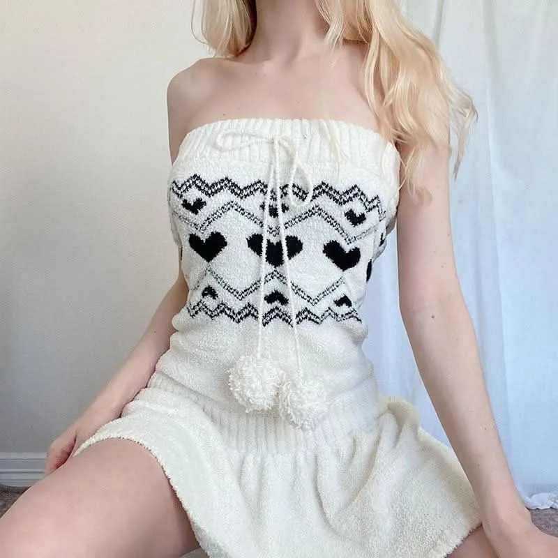 Sweetheart pattern sweater tube mini dress