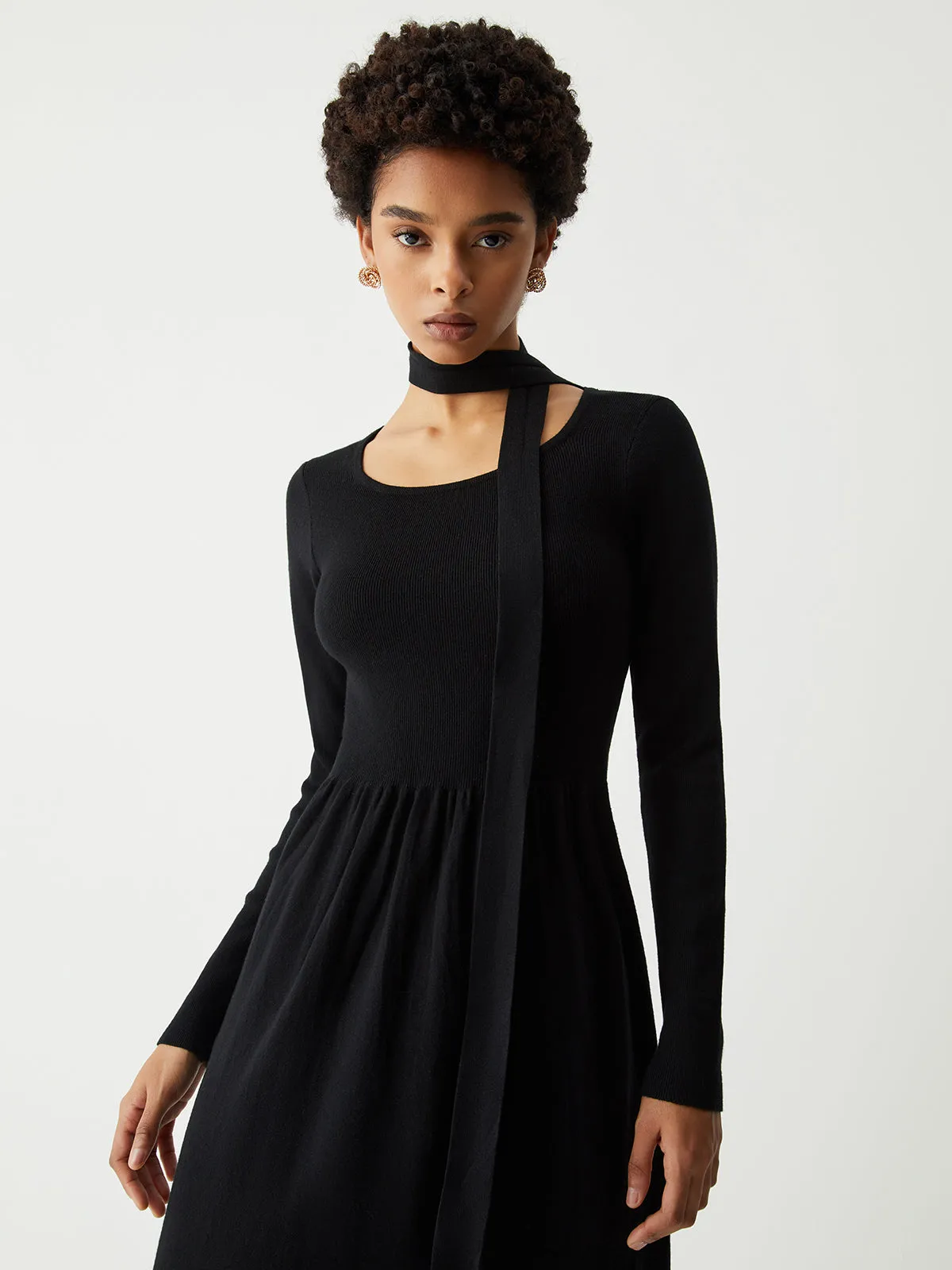Tie Decor Long Trendy Sleeve Midi Sweater Dress