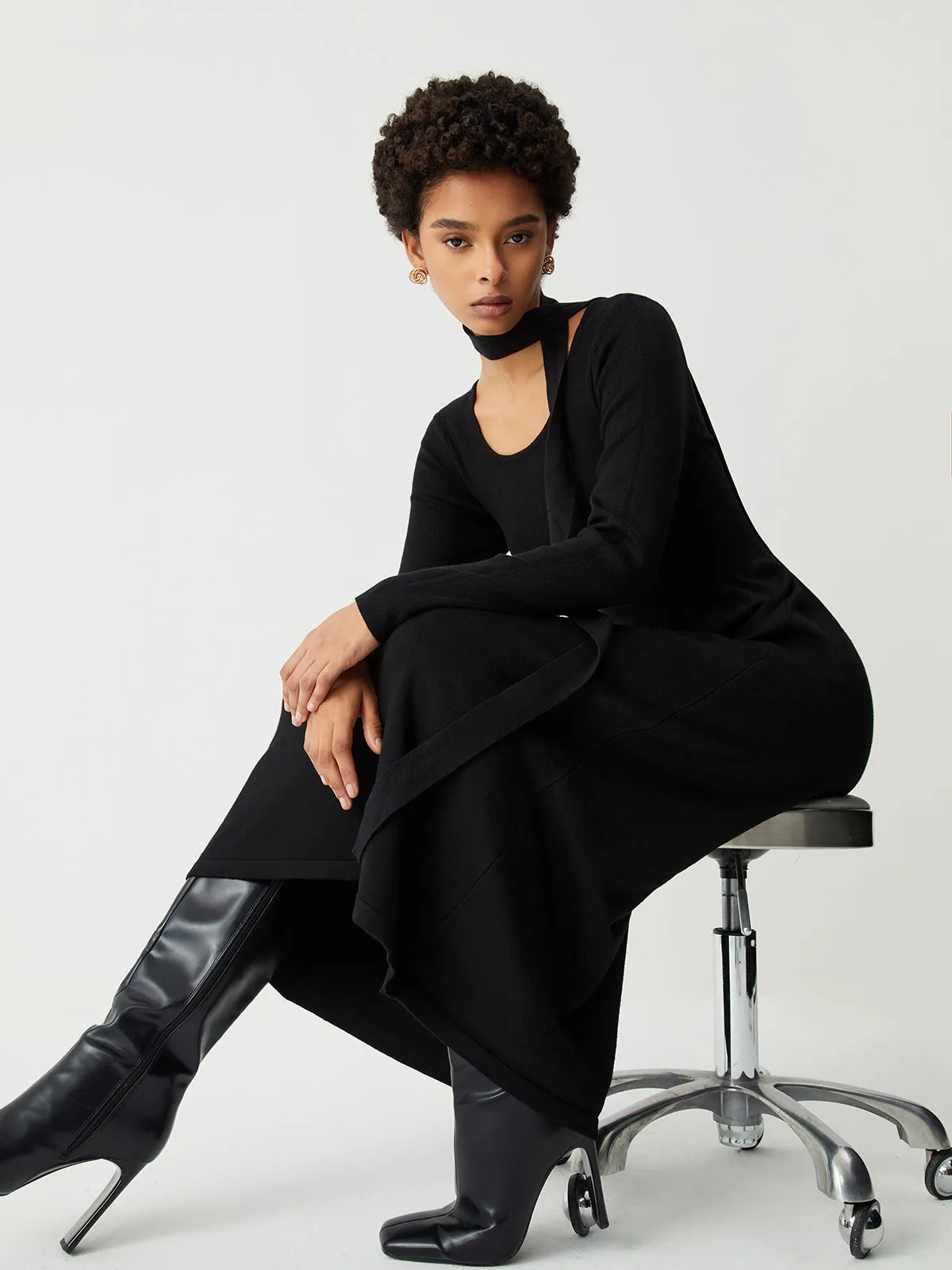 Tie Decor Long Trendy Sleeve Midi Sweater Dress