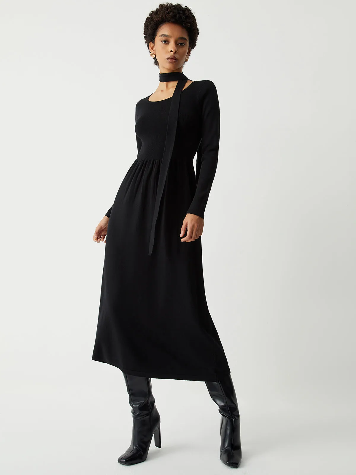 Tie Decor Long Trendy Sleeve Midi Sweater Dress