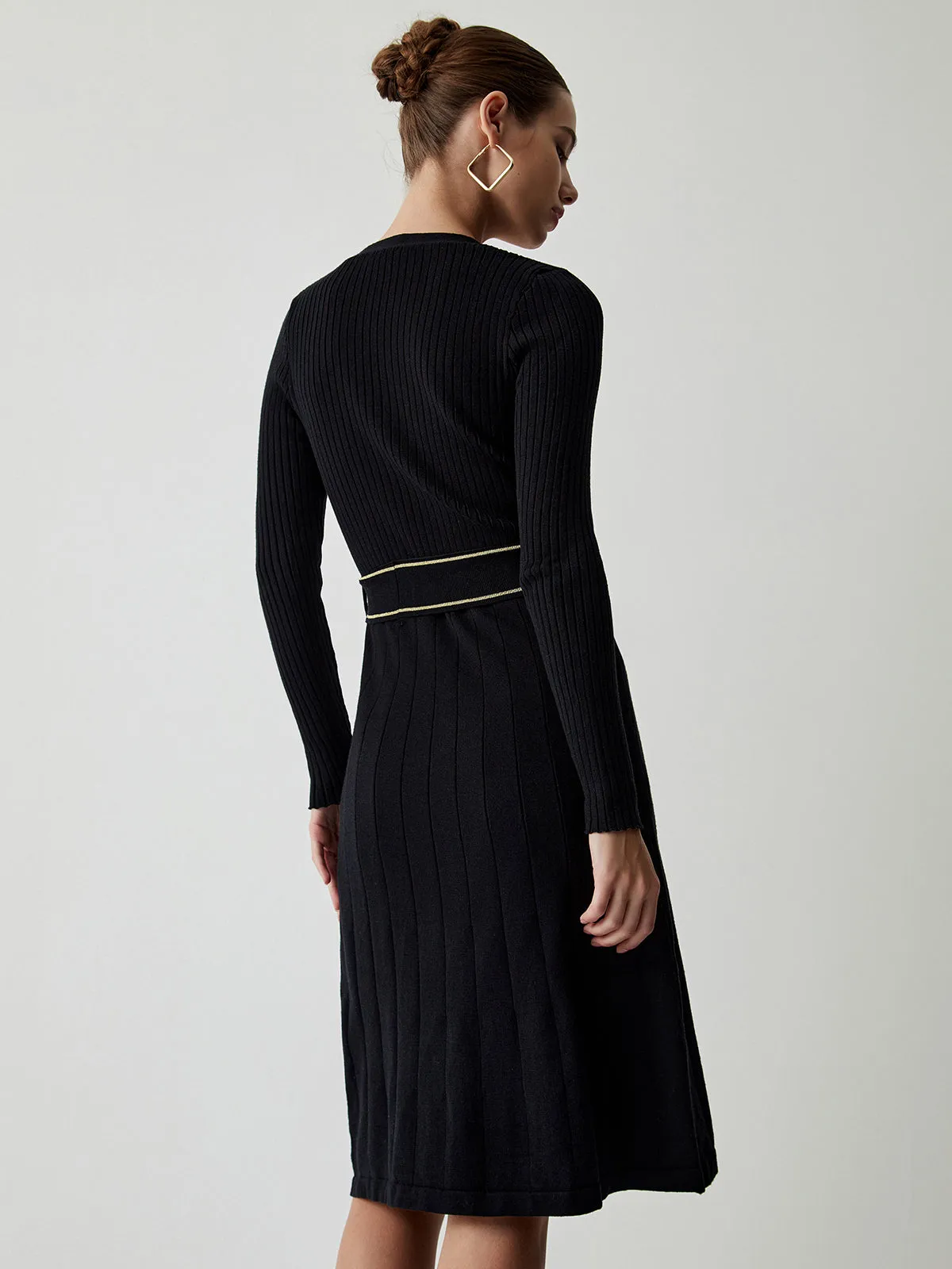 Tie Front Button Down Modern Long Sleeve Midi Sweater Dress