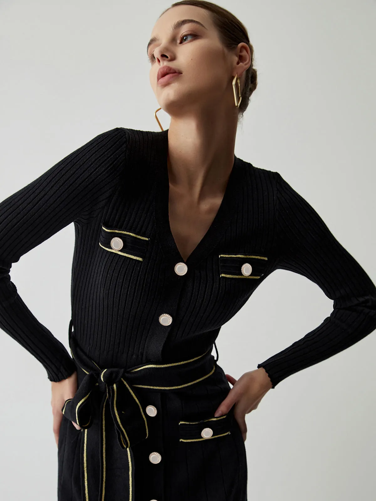 Tie Front Button Down Modern Long Sleeve Midi Sweater Dress