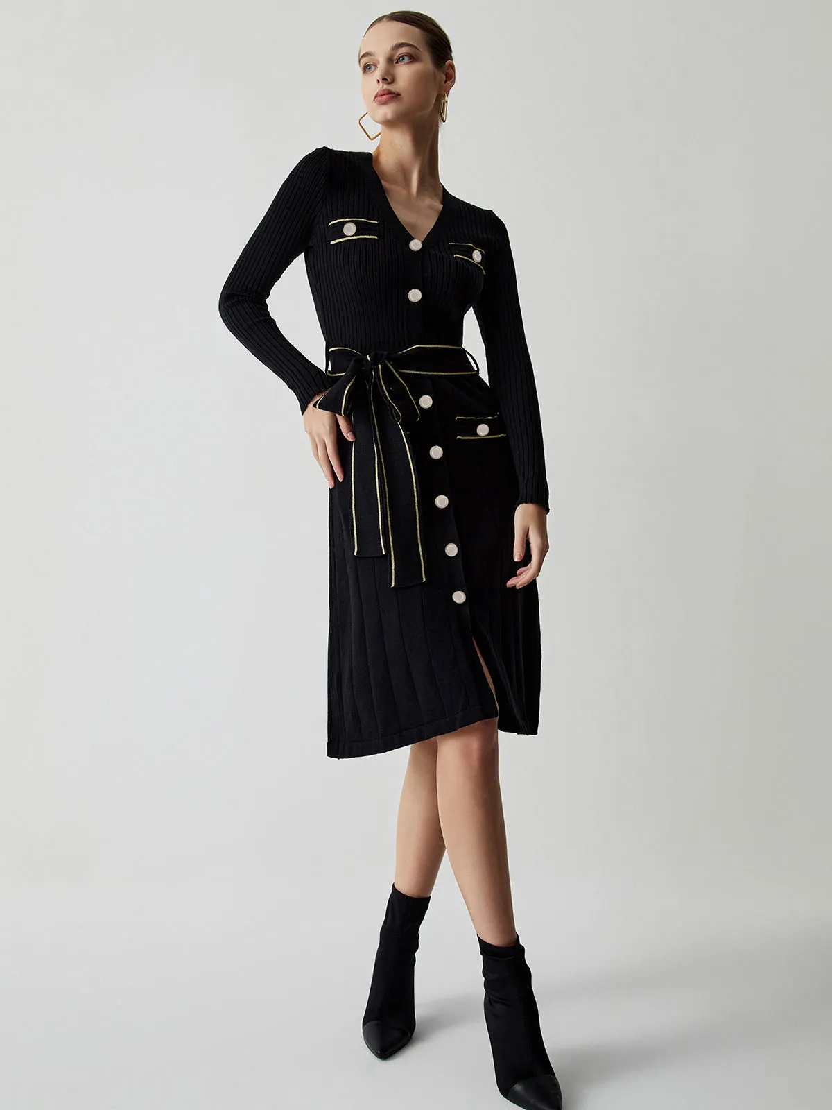Tie Front Button Down Modern Long Sleeve Midi Sweater Dress