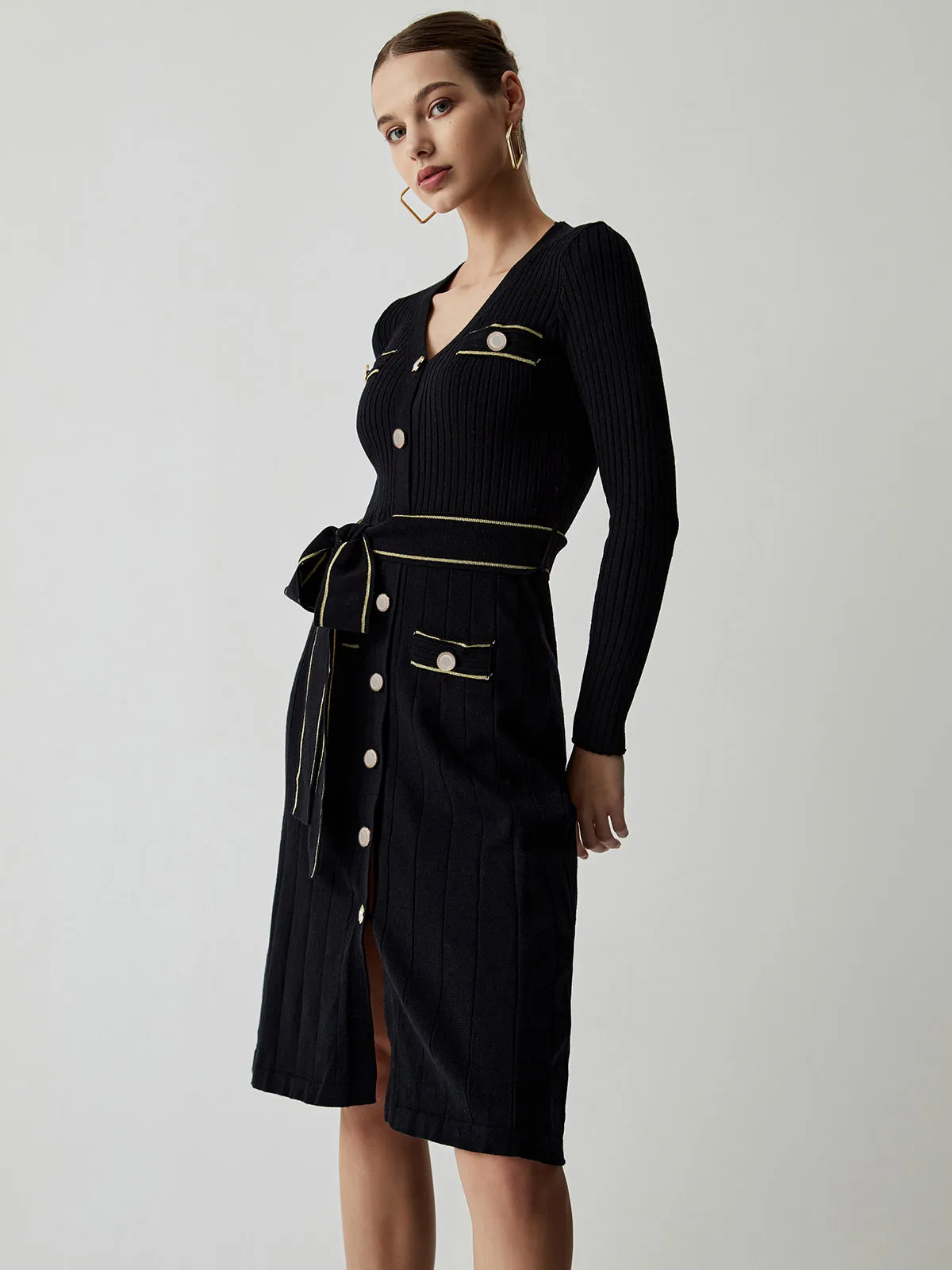Tie Front Button Down Modern Long Sleeve Midi Sweater Dress