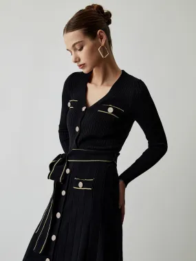 Tie Front Button Down Modern Long Sleeve Midi Sweater Dress