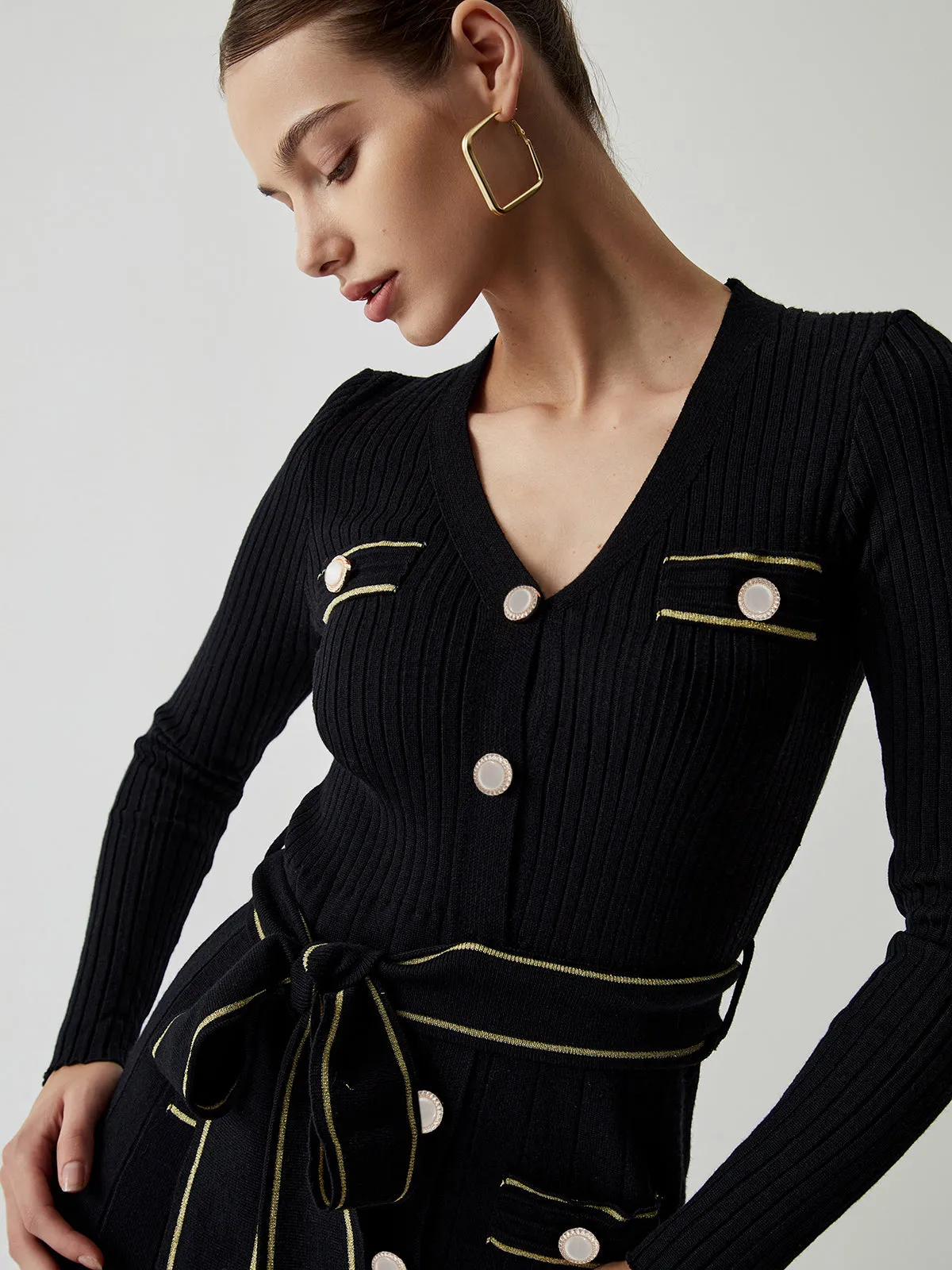 Tie Front Button Down Modern Long Sleeve Midi Sweater Dress