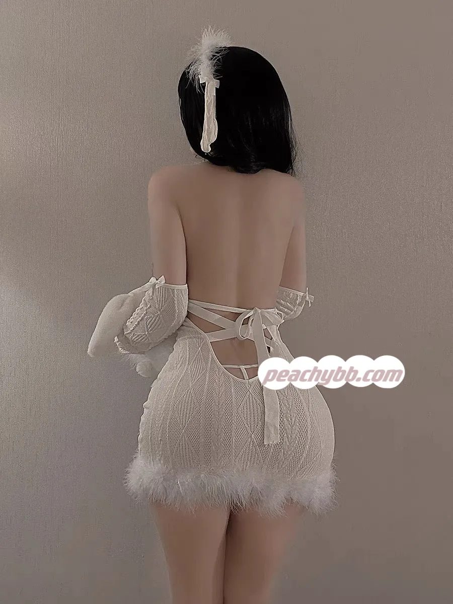 Valentine’s Day Cream White Hang Neck Sleeveless Sweater Bodycon Dress 4 PCs Set