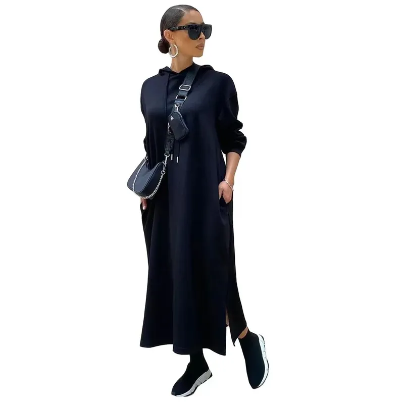 Wholesale solid color color Hooded Sweater dress with split（CL9618）